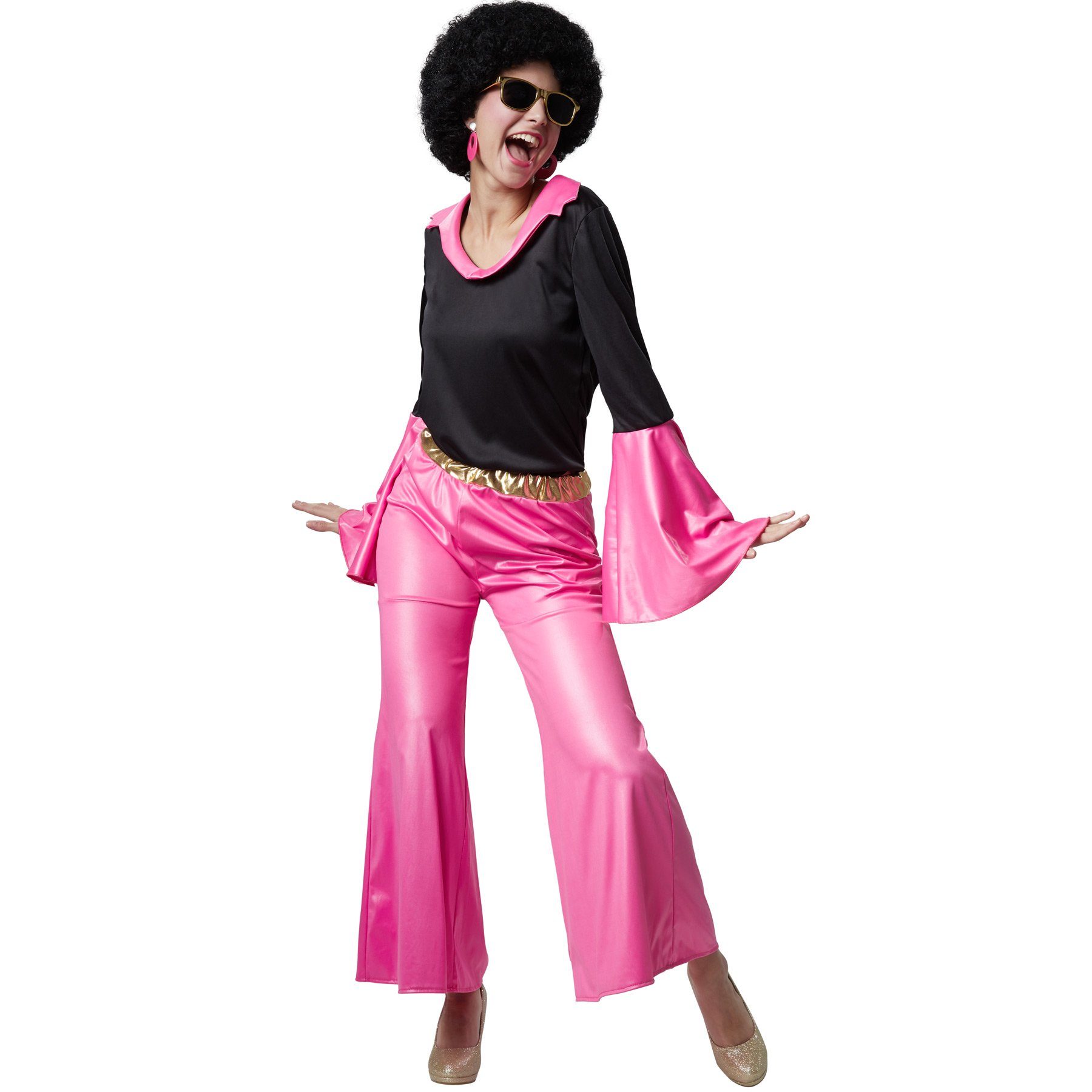 dressforfun Hippie-Kostüm Tänzerin/Partygängerin, Zweiteiliges Disco-Outfit im Stil der 70er, in schwarz/pink, Gr. XXL, Lange Hose mit Gummizug und goldenem Bund