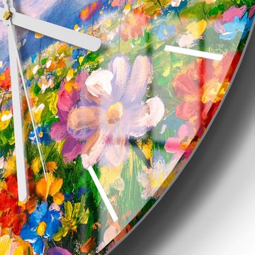 DEQORI Wanduhr 'Blumenwiese und Berge' (Glas Glasuhr modern Wand Uhr Design Küchenuhr)