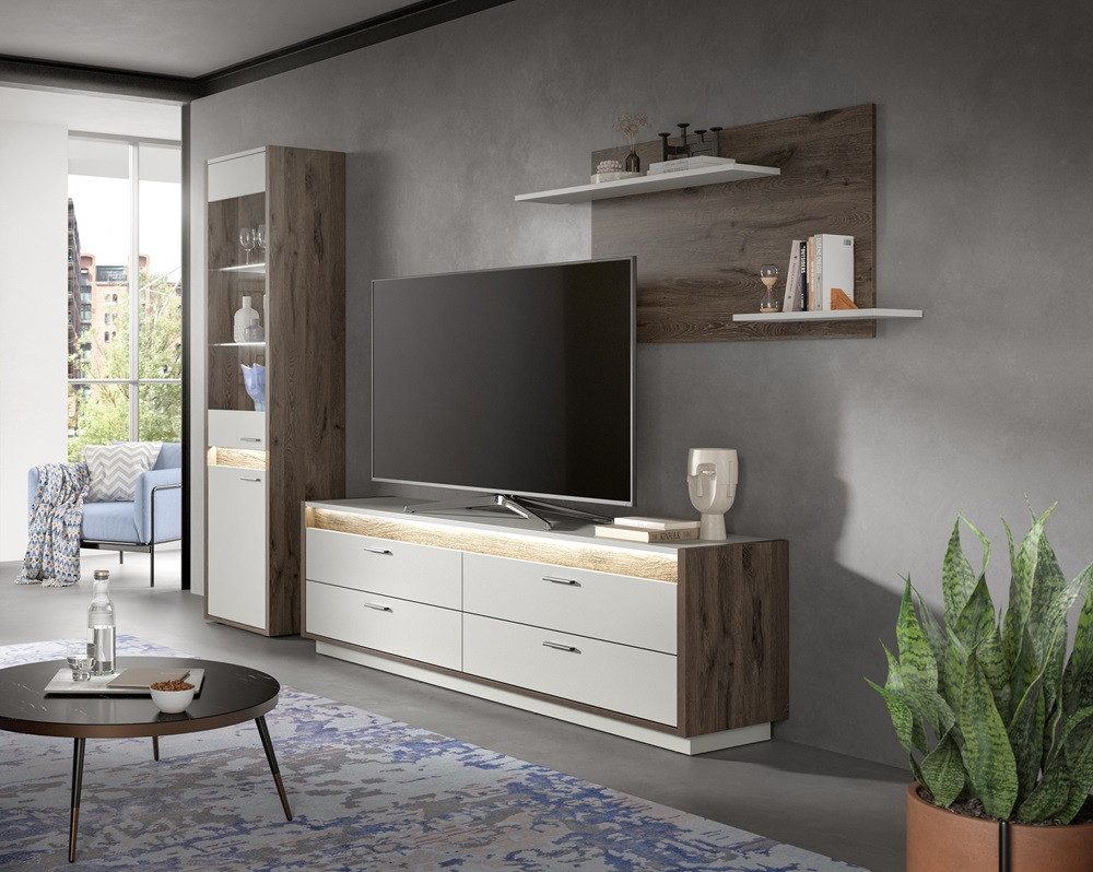 xonox.home Sideboard Lowboard Falcona, Nox Oak dunkel / hellgrau, inkl. Frontbeleuchtung, Sideboard, Wohnzimmerkommode ca. 80 cm