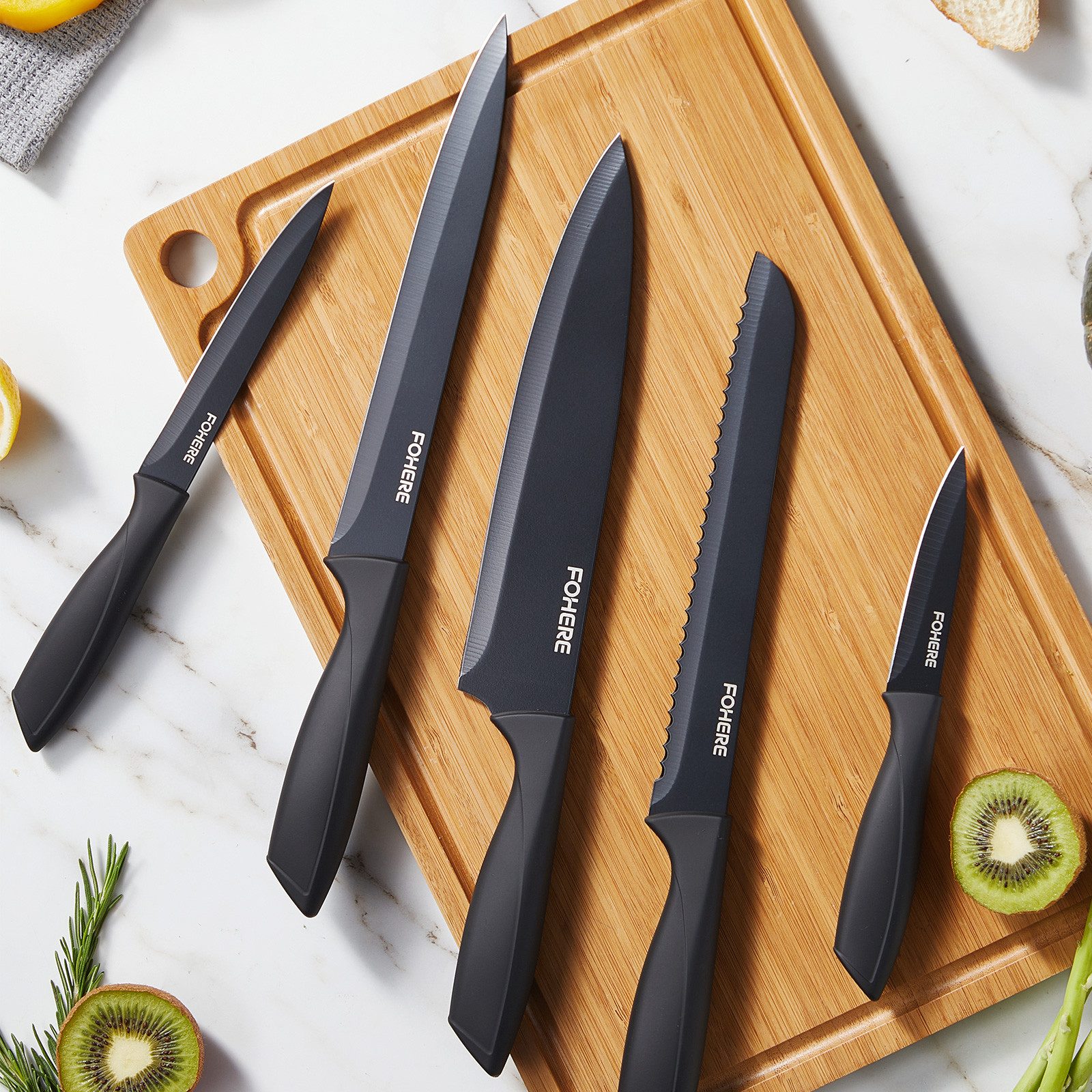 FOHERE Messer-Set aus hochwertigem Edelstahl, mit ergonomischen Griffen (13-tlg), Inkl. integriertem Schärfblock, spülmaschinenfest – Bild 4 von 5