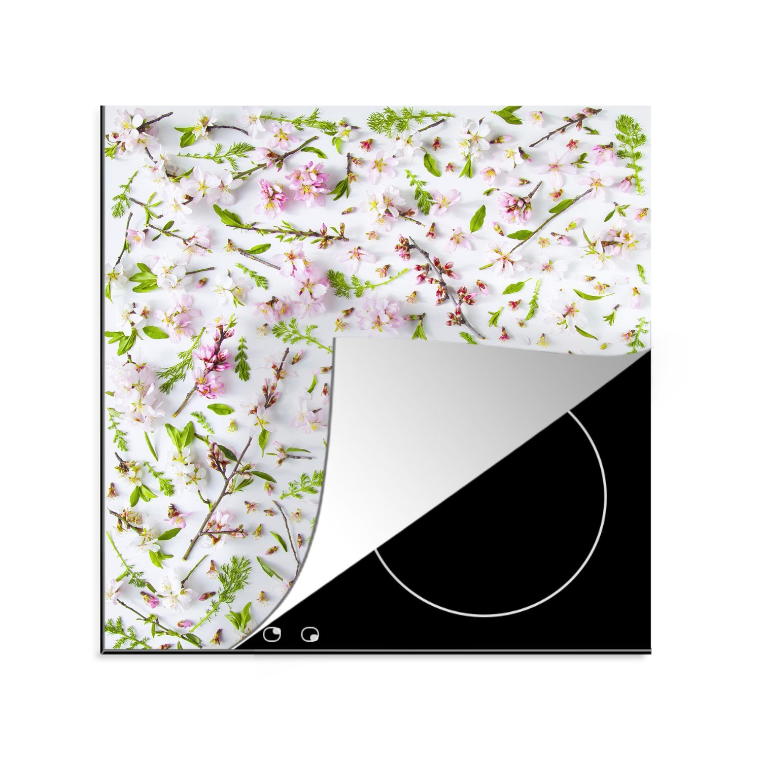 MuchoWow Herdblende-/Abdeckplatte Ein weißes und rosa Blumenmuster, Vinyl, (1 tlg), 78x78 cm, Ceranfeldabdeckung, Arbeitsplatte für küche
