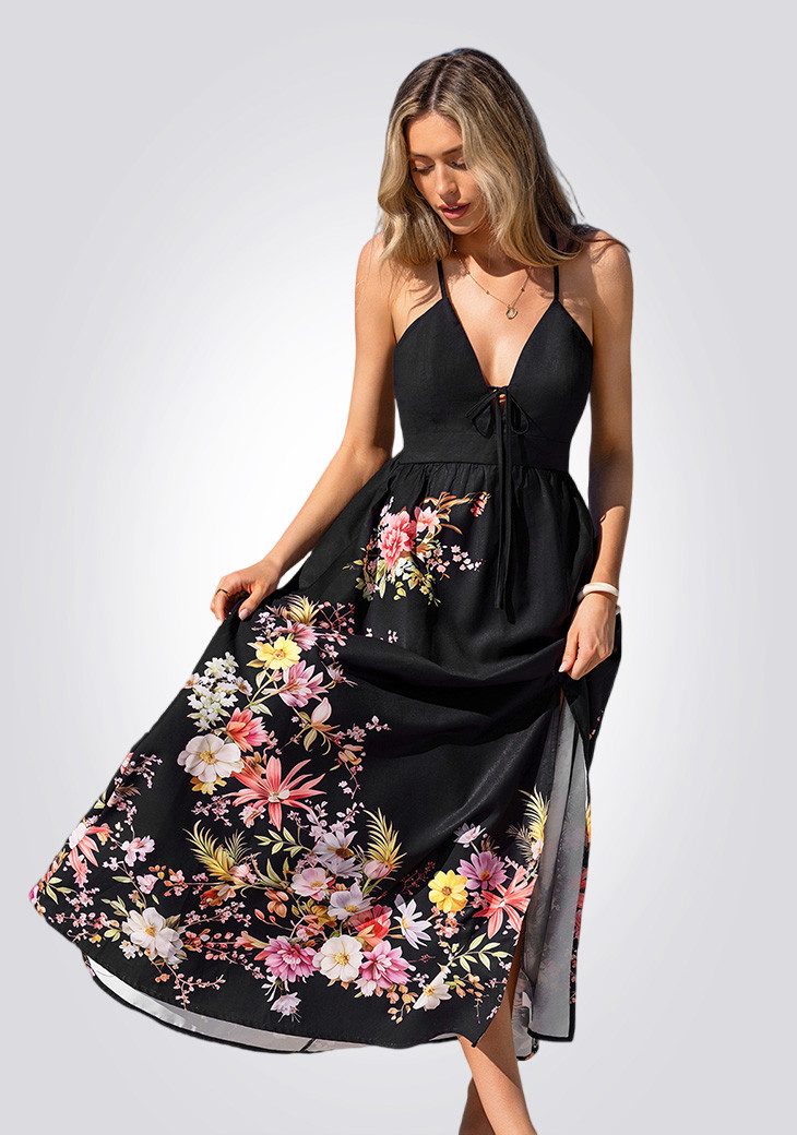 Cupshe Strandkleid Blumen Maxi-Kleid mit tiefem V-Ausschnitt und Schlitz