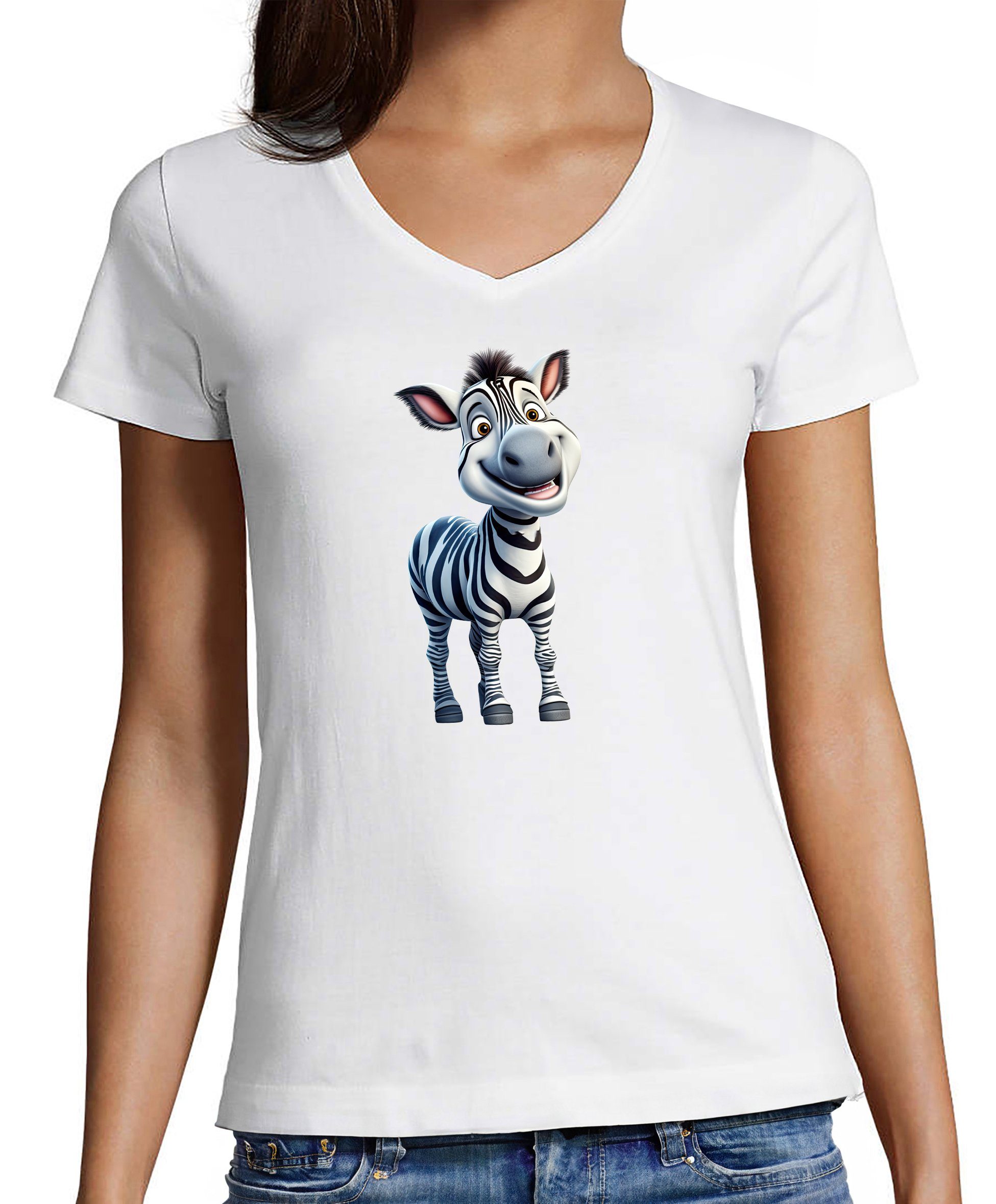 MyDesign24 T-Shirt Damen Wildtier Print Shirt - Baby Zebra V-Ausschnitt  Baumwollshirt mit Aufdruck Slim Fit, i280