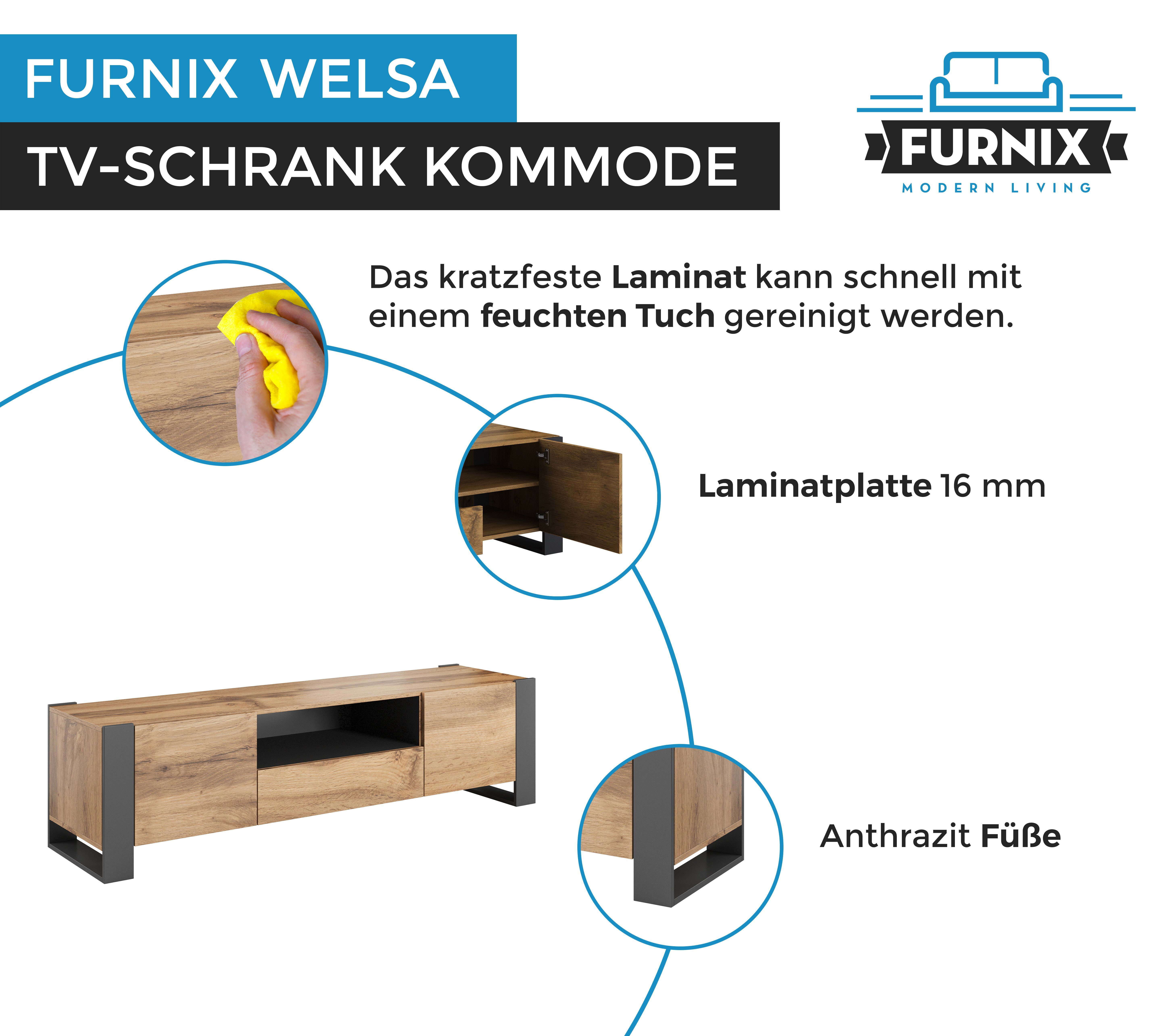 und TV-Schrank x Wotan/Anthrazit B180 Schublade WELSA T44 Lowboard Furnix x H48 mit Türen cm