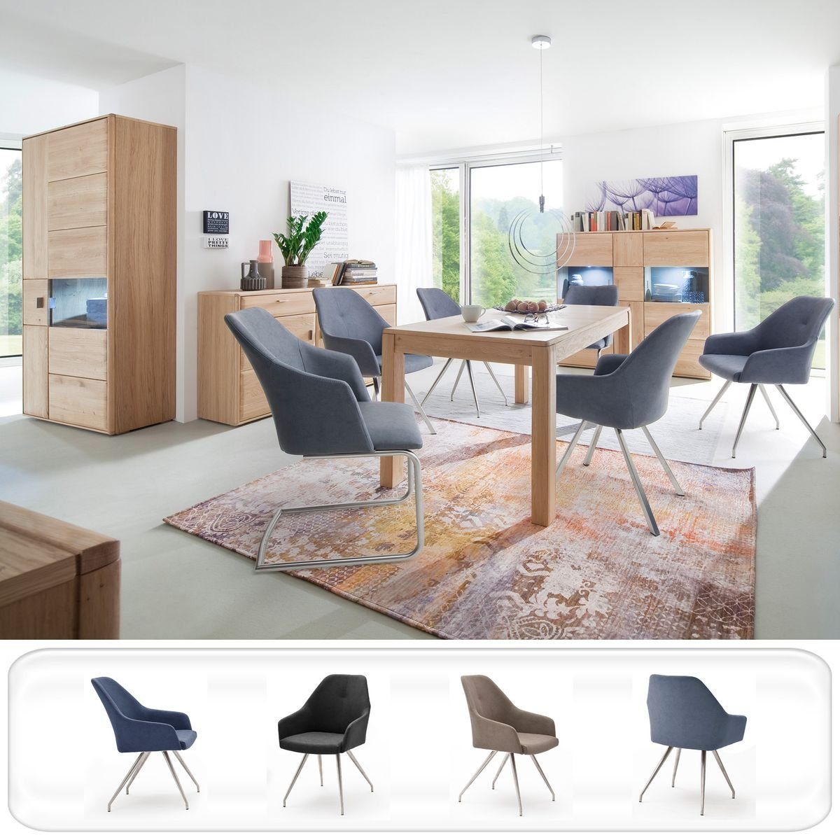 expendio Wohnzimmer-Set Torrent 144, (Spar-Set, 8-St), Eiche bianco montiert LED + 4x Stuhl A2 Kunstleder graublau
