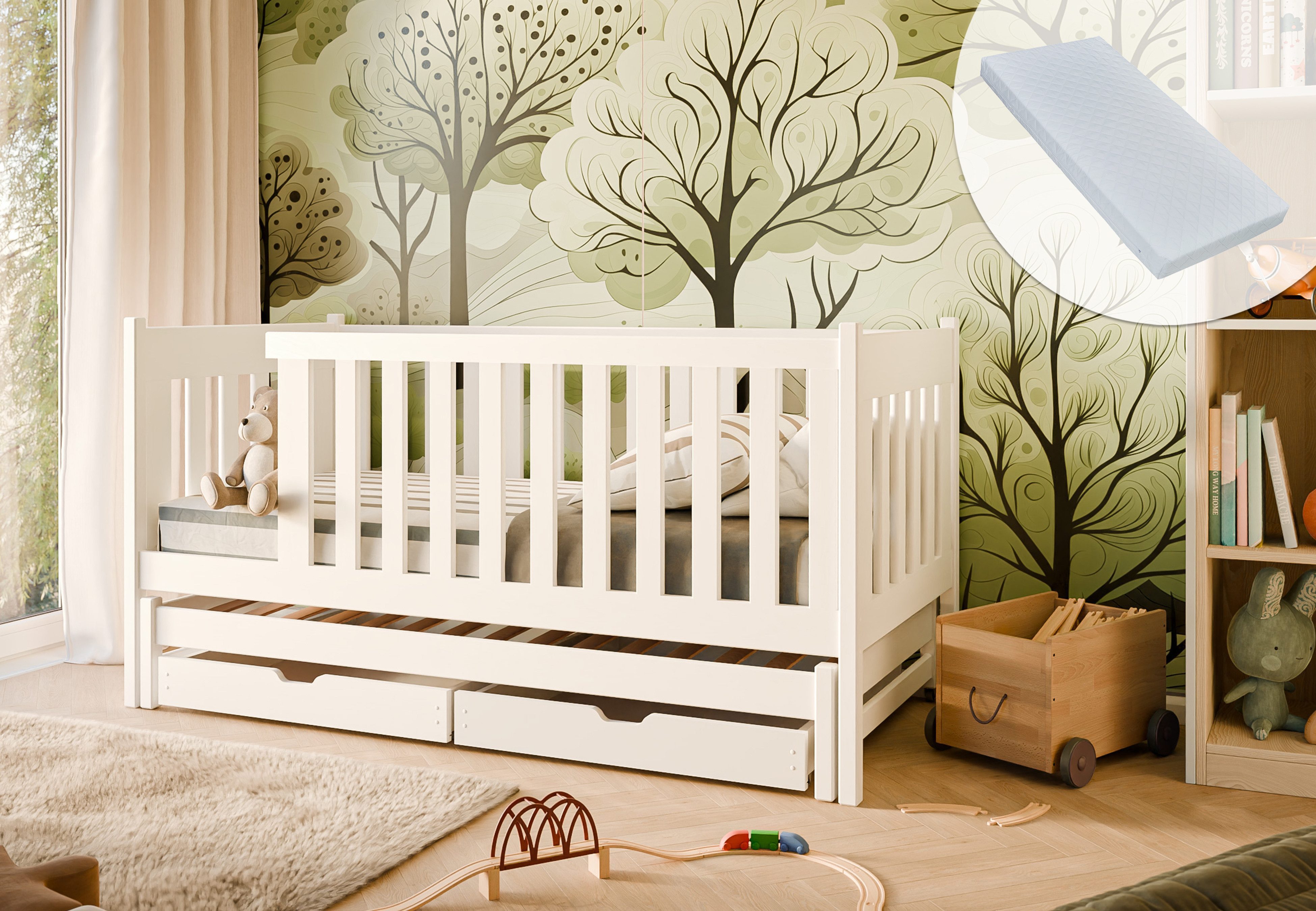 Kinderbett EInzelbett 90x200 mit Rausziehbett mit Lattenrost, Rausfallschutz
