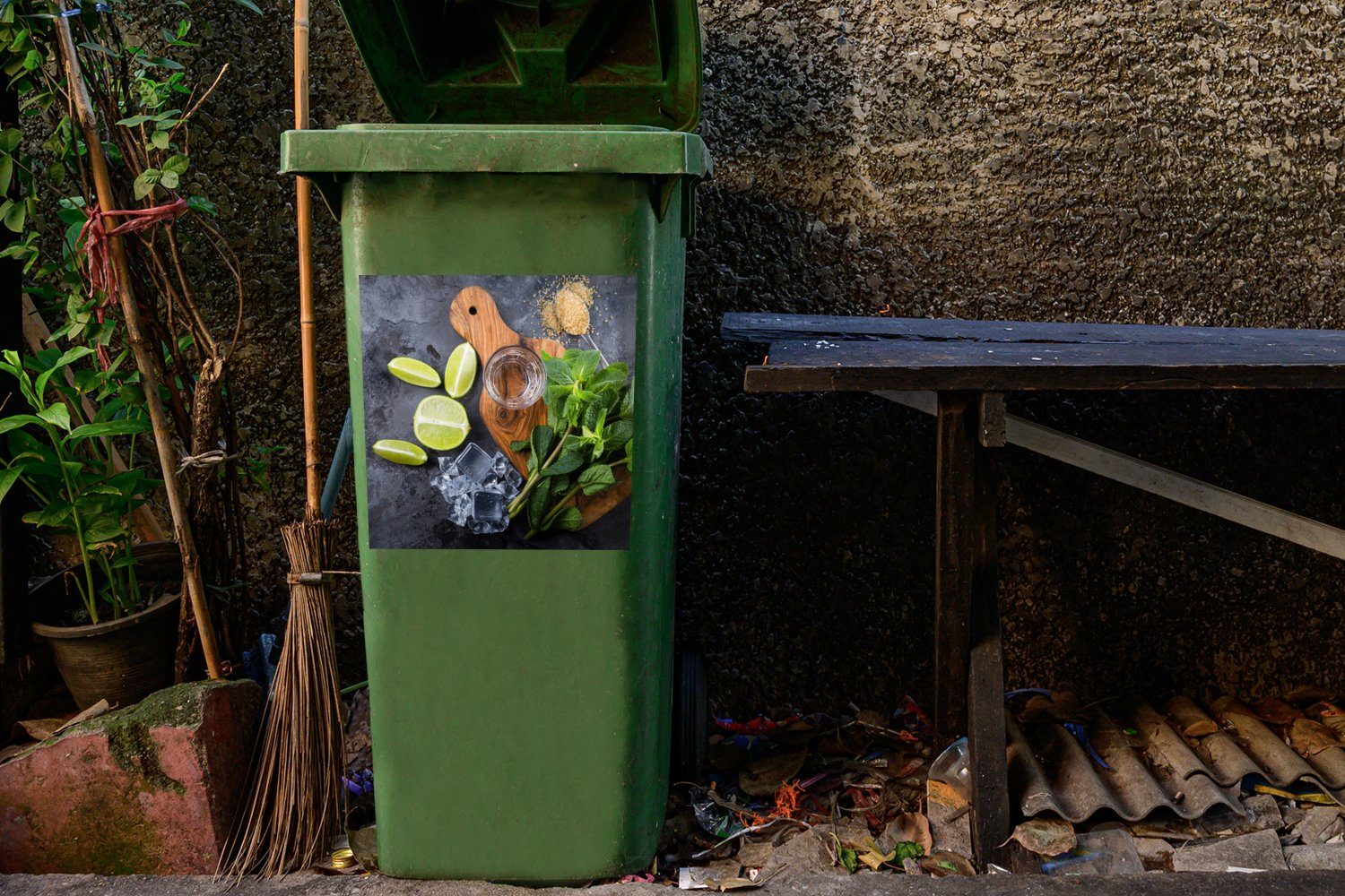 Container, Zitrone Obst - Abfalbehälter Mülltonne, Glas Sticker, MuchoWow Mülleimer-aufkleber, St), (1 Schneidebrett - - Wandsticker