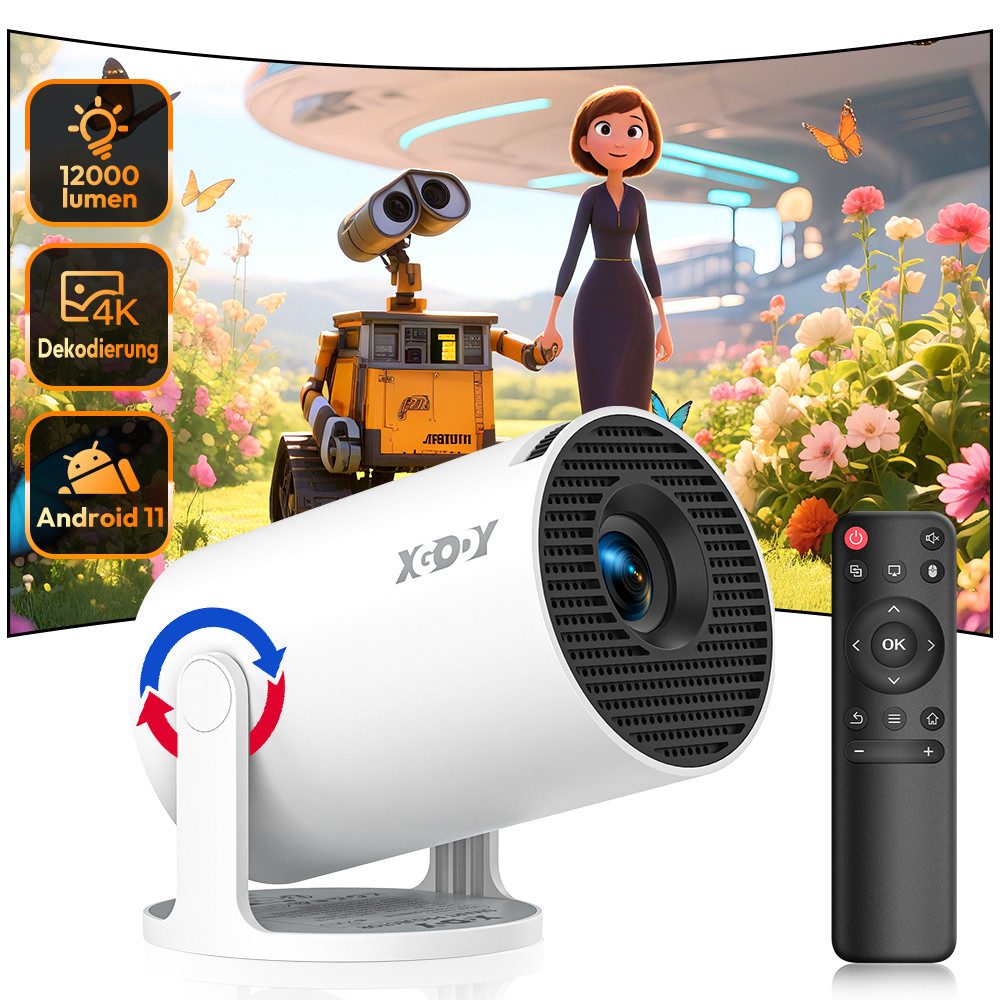 XGODY 4K Android 11 Wifi6 BT 5 Kurzdinstanzprojektor (12000 lm, 8000:1, 3840 x 2160 px, 180° drehbarer Ständer für Heimvideos, weiß)