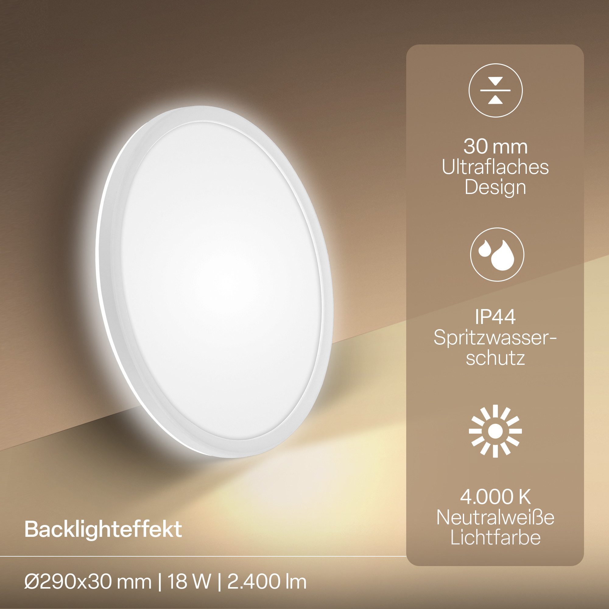 B.K.Licht LED Deckenleuchte Panel Flach 30mm Backlight Effekt LED Deckenlampe Wohnzimmer, LED fest integriert, 4000K - Neutralweiß, versch. Größen & Farben, Badezimmer, Küche, Wohnzimmer, Kinderzimmer