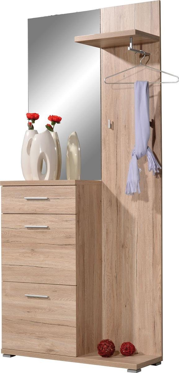 möbelando Garderoben-Set 3199, Garderobe mit einem Spiegel, einem Ablageboden (belastbar bis zu 5 kg) mit einer Kleiderstange aus Metall (belastbar bis zu 5 kg), zwei Kleiderhaken (jeweils belastbar bis zu 3 kg), einem integrierten Schuhschrank mit einem Schubkasten (belastbar bis zu 5 kg), darunter zwei Schuhklappen mit Platz für bis zu acht Paar Schuhe. € 279,95