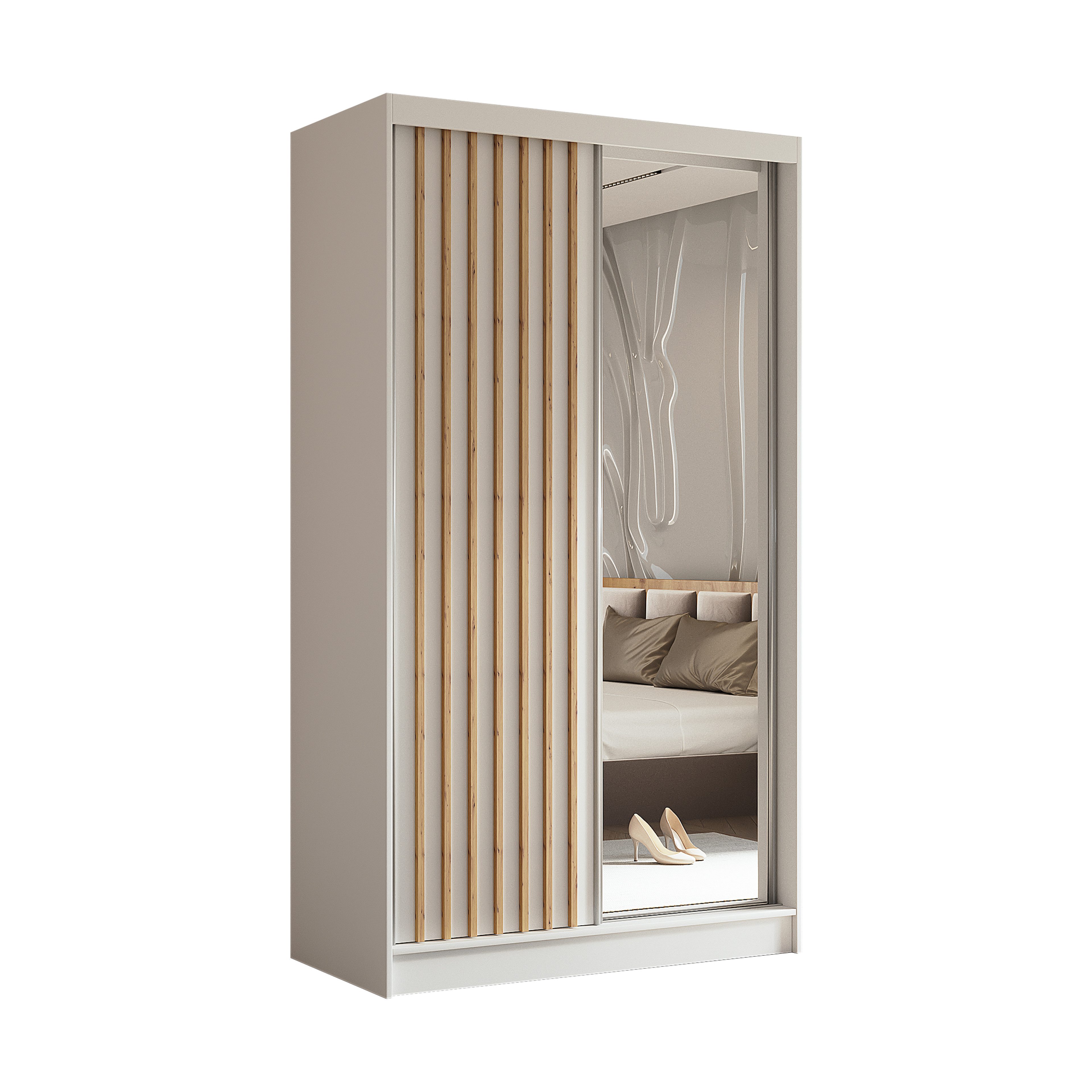 Masseno Schwebetürenschrank LAMELLO 120 cm Kleiderschrank mit Spiegel 2 Türen Weiß