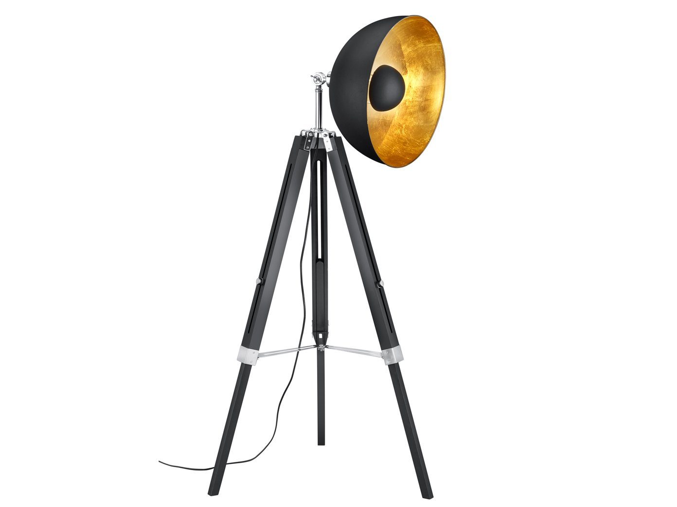 meineWunschleuchte LED Stehlampe, LED wechselbar, Warmweiß, groß-e  ausgefallene Tripod Holz-lampe Schwarz Gold-en Dreibein H 160cm