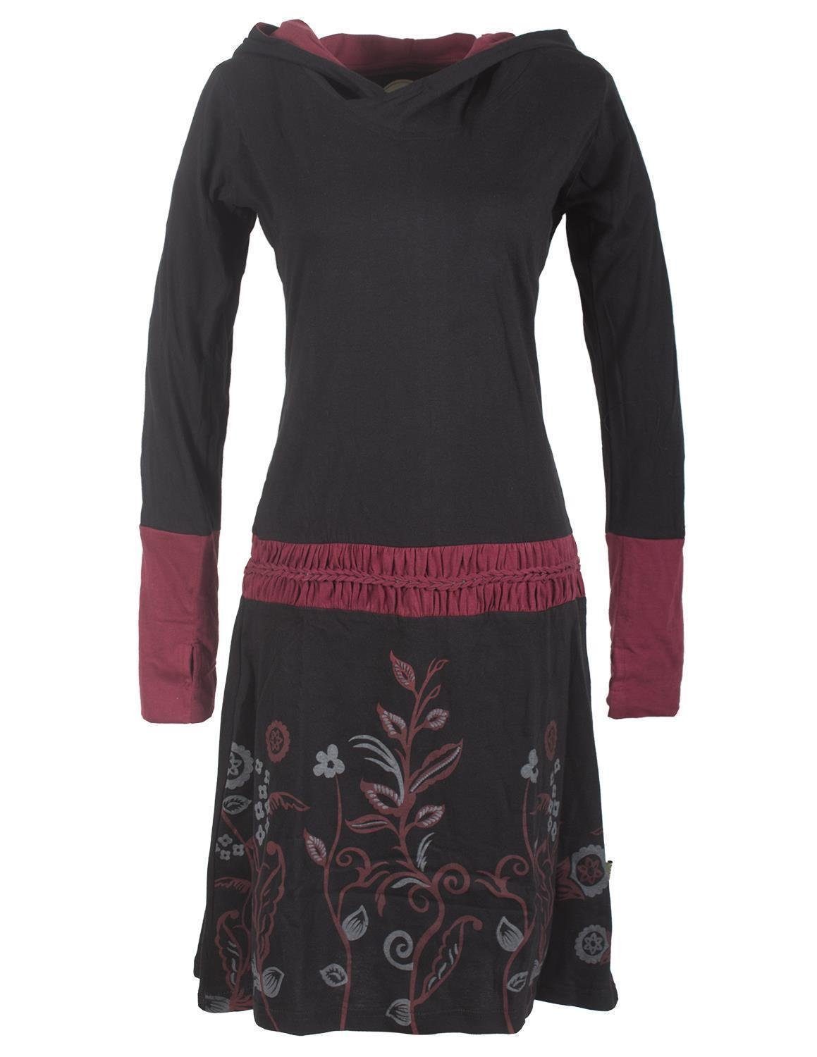 Gürtel Kleid Boho, Kapuze Goa, Vishes mit Blumen Jerseykleid Style und Ethno, geknüpftem Elfen schwarz