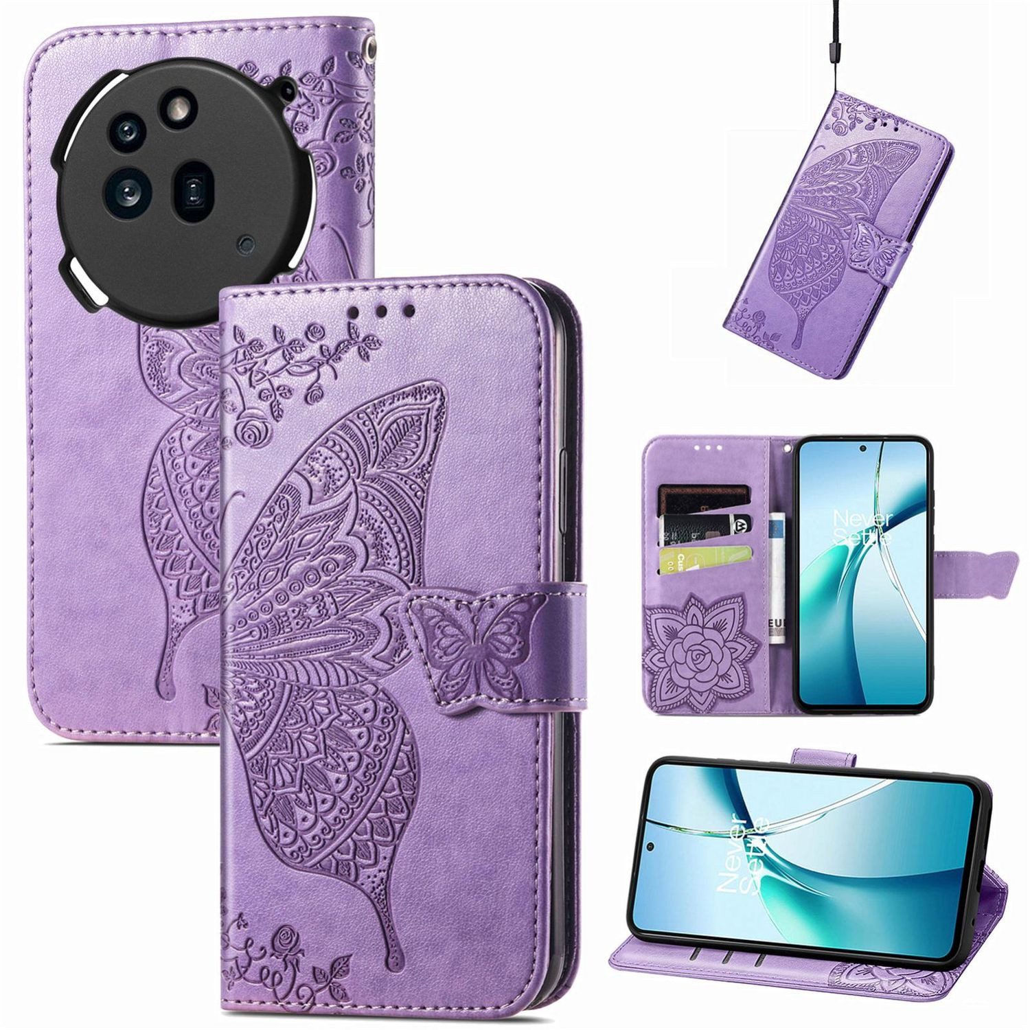 Wigento Smartphone-Hülle Für Nothing Phone 3a Pro Kunstleder Schmetterling Tasche Hülle H-Lila, Kunst-Leder Schutzhülle Smart Case Cover magnetischer Verschluss