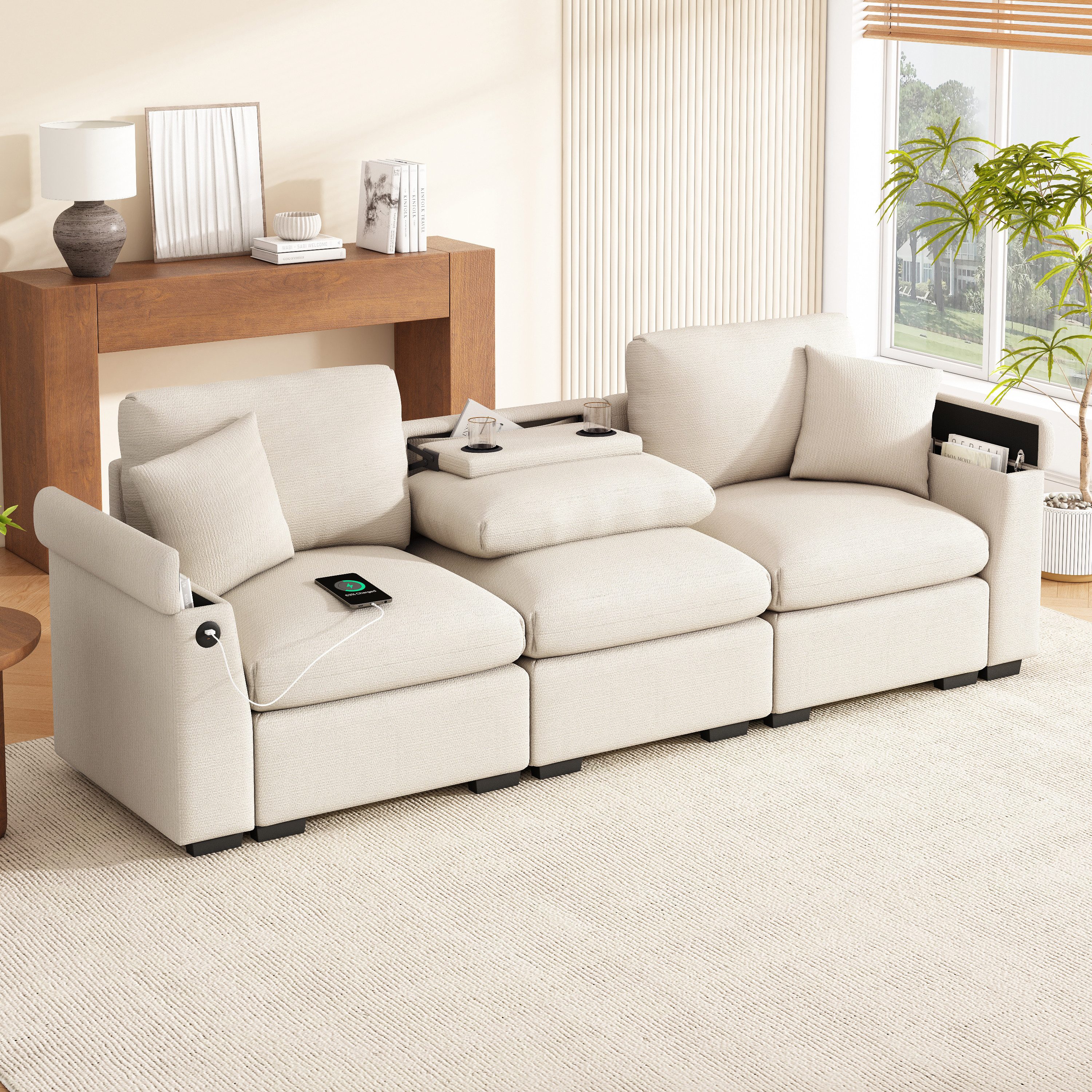 Merax 3-Sitzer Sofa aus weichem Chenille, Multifunktionssofa mit USB-Anschluss, für Wohnzimmer, Büro und Heimkino 1 Teile, XXL Sofa mit klappbarer Rückenlehne, Getränkehalter & Stauraum