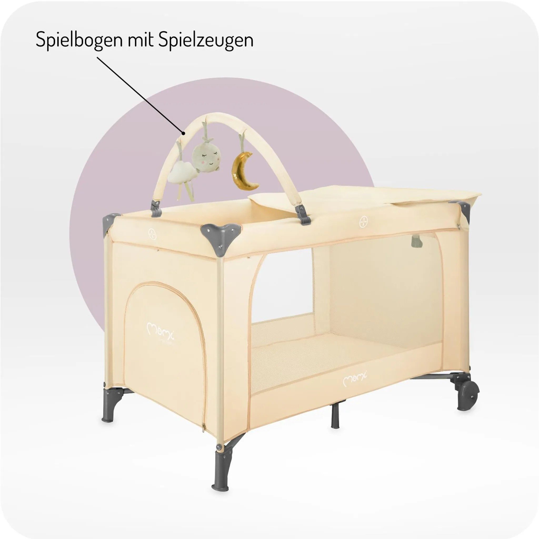 MoMi Baby-Reisebett BELOVE PLUS Babyreisebett mit Matratze, Spielbogen, Wickeltisch, Beige