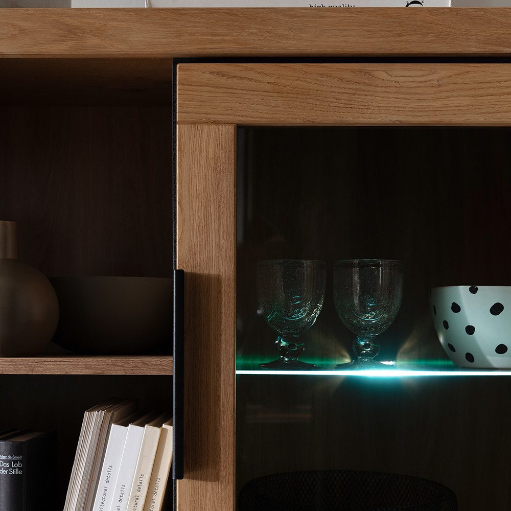 Lomadox Wohnwand GIUSTINO-06, (3-St., Wandboard Lowboard Highboard), Eiche teilmassiv geölt, Massivholzfronten, LED-Beleuchtung