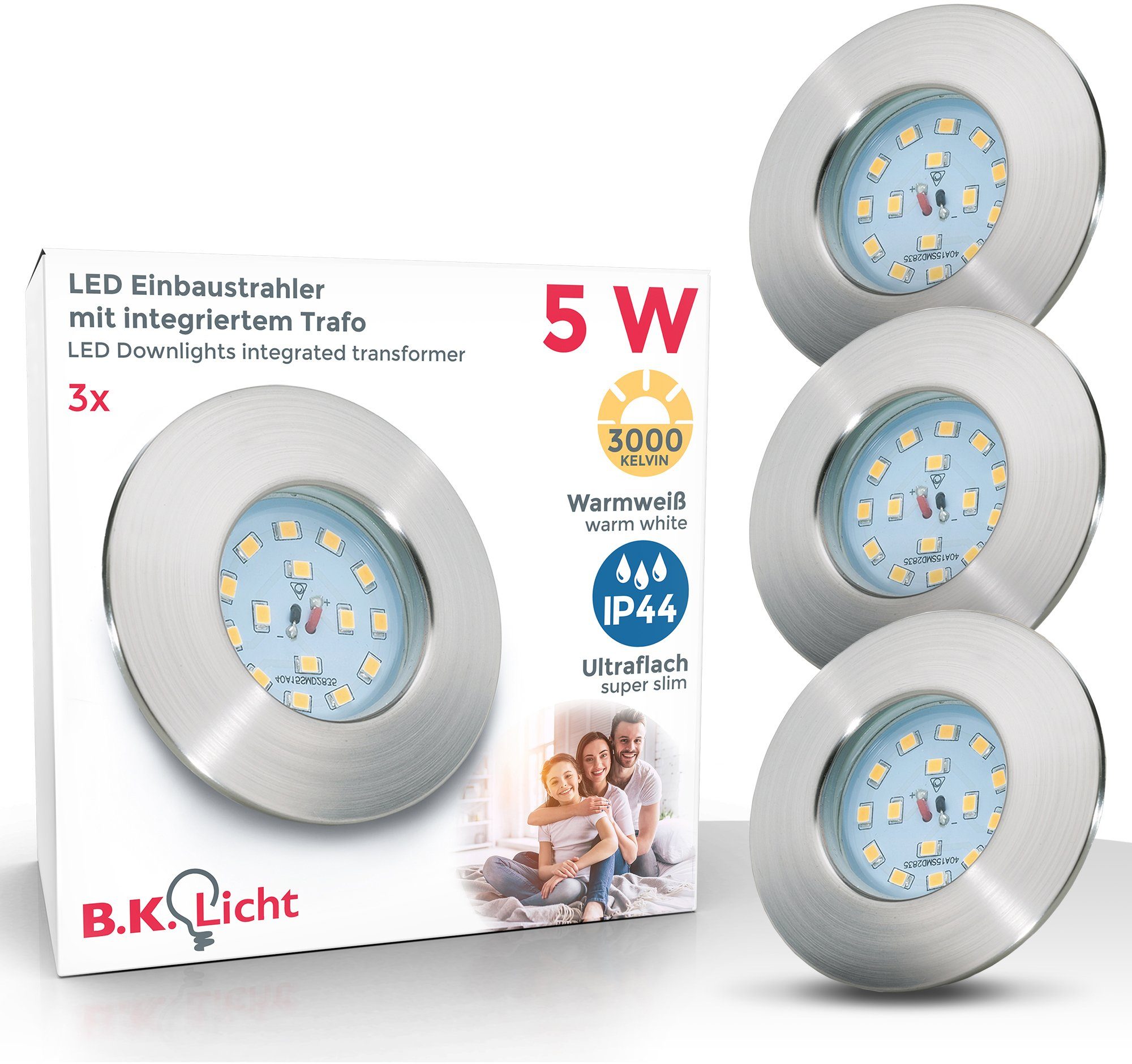 LED SET B.K.Licht Einbauleuchte ultra-flach, integriert, LED Badezimmer, LED Decken-Spot, Einbaustrahler, IP44 Elias, 3er fest Warmweiß,