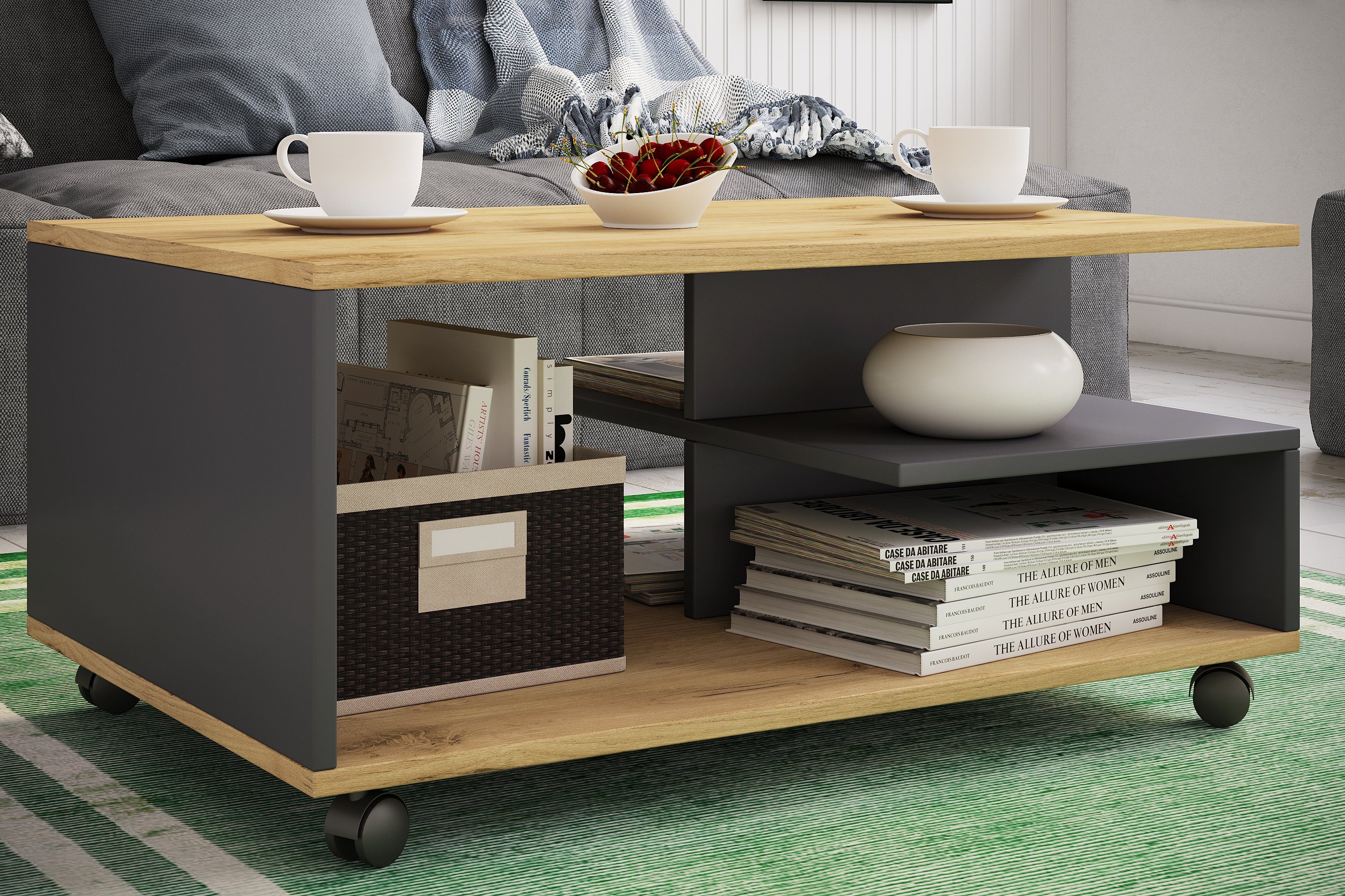 VCM Couchtisch Stango L B. 80 x T. 50 x H. 41 cm, 5 Fächer, stabiler Wohnzimmertisch, mit Rollen – Bild 4 von 5