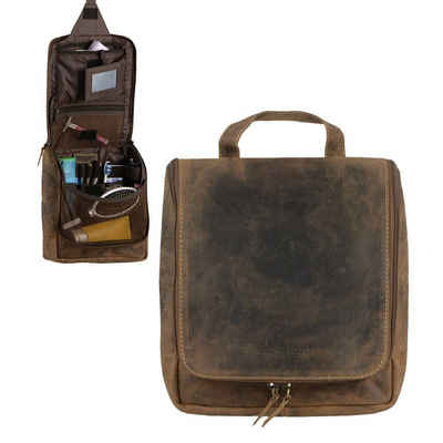 Greenburry Kulturbeutel "Vintage" Leder 22x25cm, Kosmetikbeutel, Waschtasche, für Damen und Herren, braun