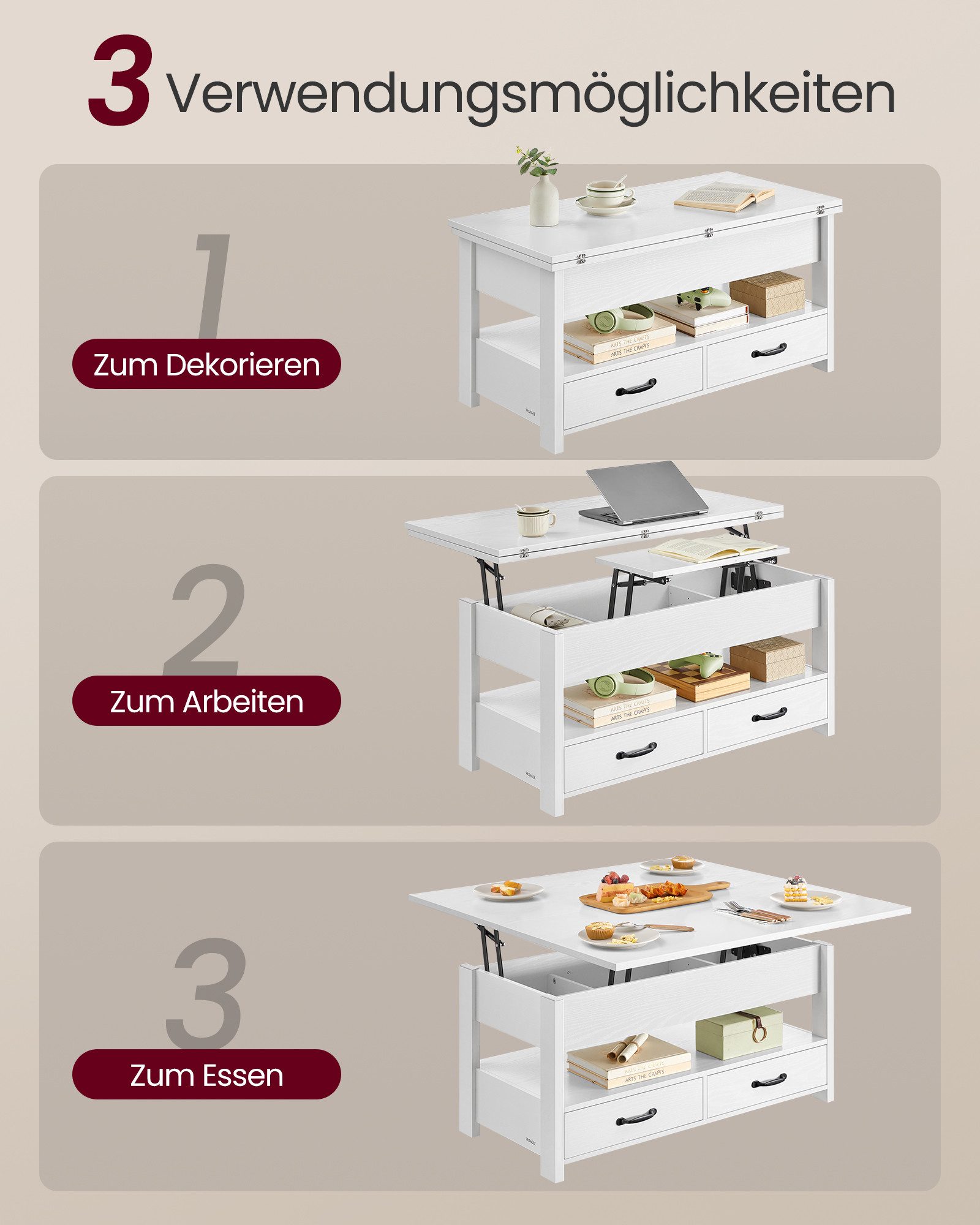 VASAGLE Couchtisch höhenverstellbar mit 2 hochklappbaren Tischplatten, Stauraum (multifunktional, inkl. Zubehörpaket & Anleitung), 2 Schubladen und Ablage, Wohn – Bild 4 von 5