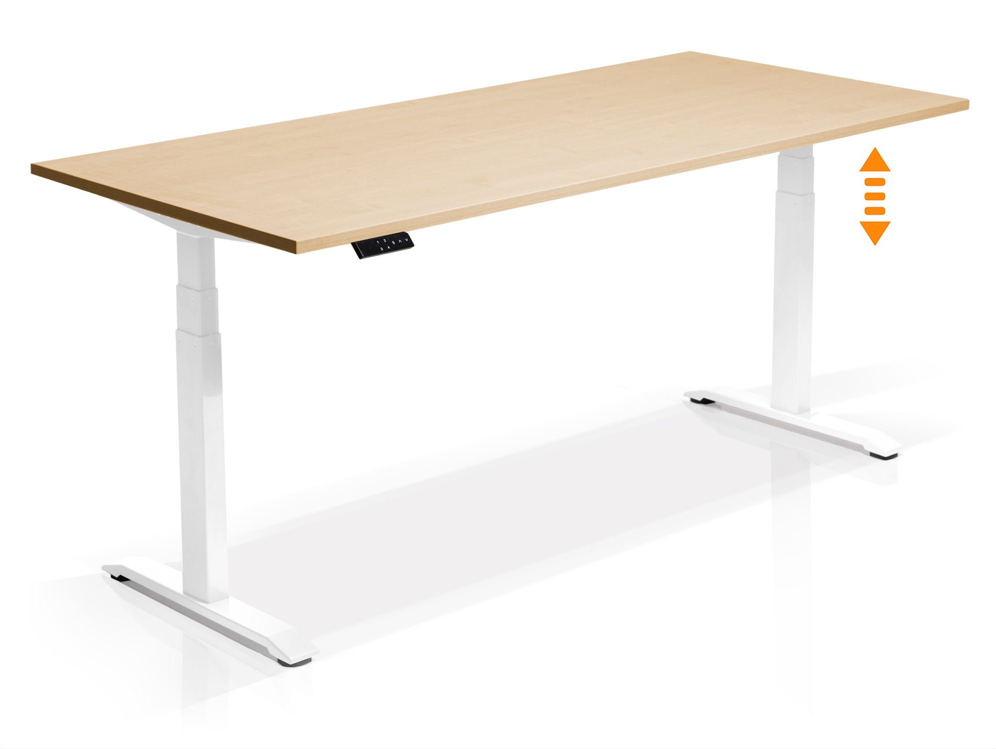 Moebel-Eins Schreibtisch, OFFICE ONE elektrisch höhenverstellbarer Schreibtisch / Stehtisch, Material Dekorspanplatte weiss | ahornfarbig