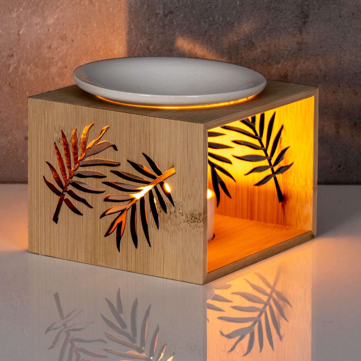 3 Bambus Variante Palmen-Blatt Levandeo® Weiß Holz Duftlampe, Aromalampe Natur Keramik Duftlampe