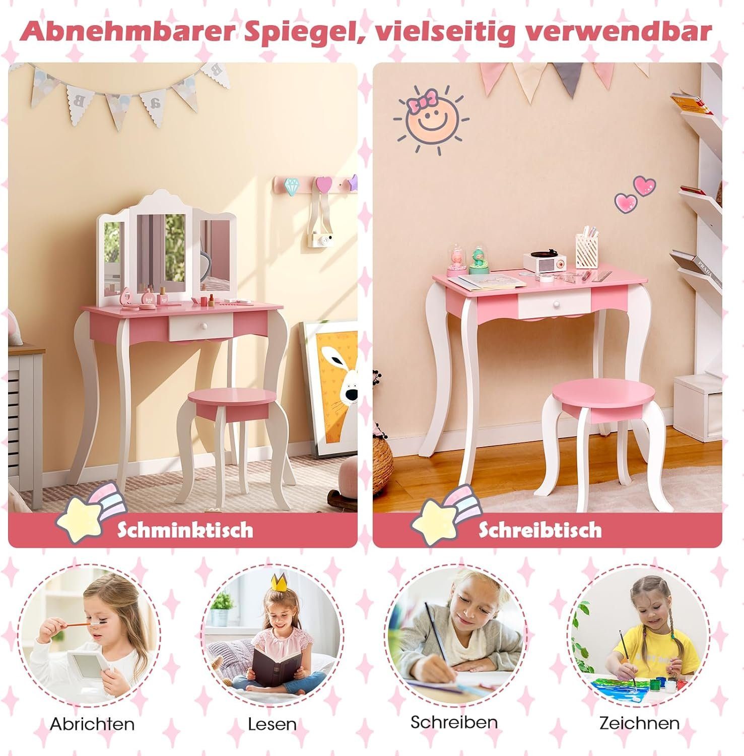KOMFOTTEU Schminktisch 2 in Spiegel, Hocker 1 Kinderschminktisch, mit & Weiß+Rosa
