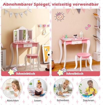 KOMFOTTEU Schminktisch 2 in 1 Kinderschminktisch, mit Hocker & Spiegel, Weiß+Rosa