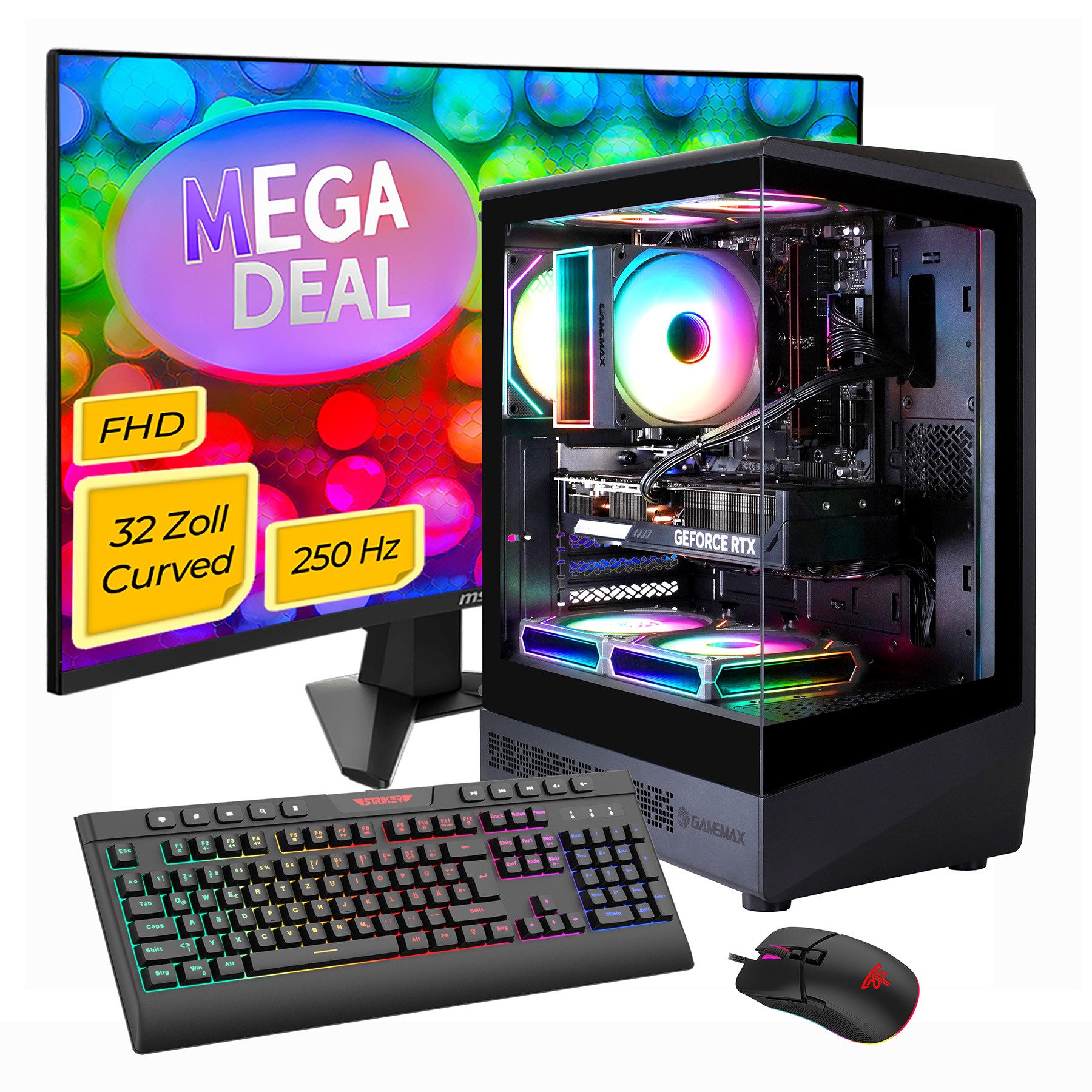 GAMEMAX MegaDeal VISTA COC AB 2757 AMD Ryzen 7 5700X 16GB 480GB SSD RTX 5060 Gaming-PC-Komplettsystem (32", AMD Ryzen 7 5700X, RTX 5060, 16 GB RAM, 480 GB SSD, Windows 11 + MSI MAG 32C6X Gaming Monitor, Curved 80cm (32)