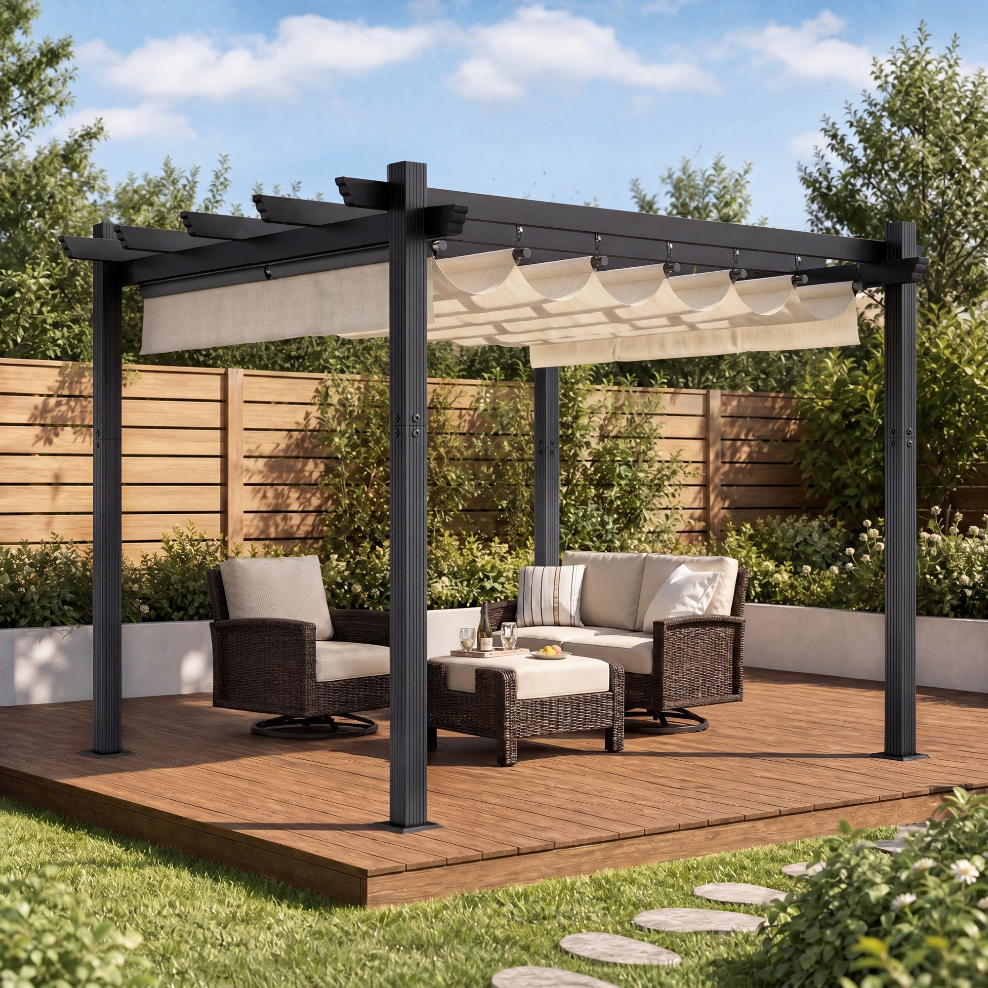 GUNJI Pergola 3x3/3x4m Terrassenüberdachung, Magnetisch Befestigte Aluminium-Pergola, (180g PA-beschichtetes Polyester, UV-geschützt, geeignet für Garten, Terrasse, Poolszenen), Magnetisch befestigbares Schiebedach