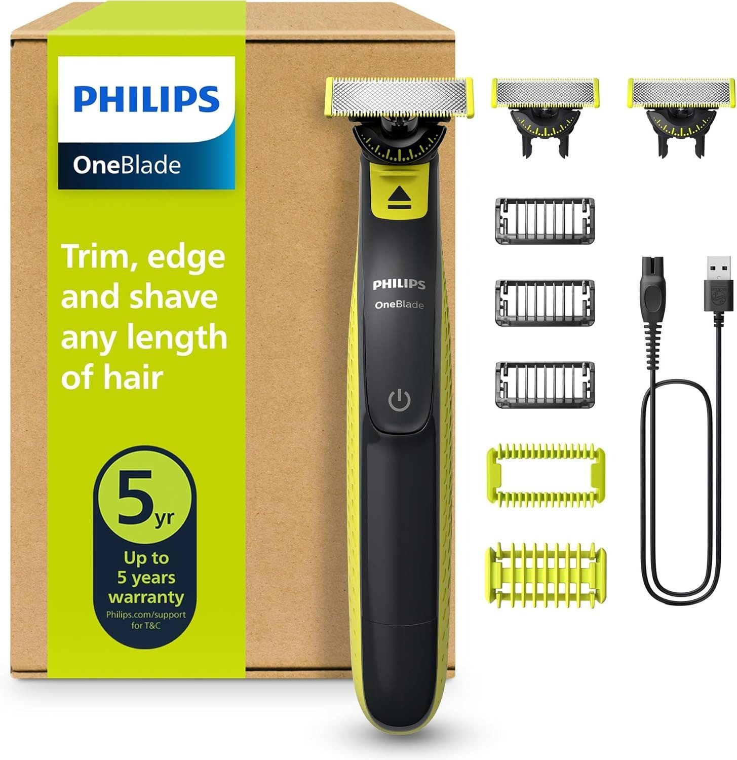 Philips Elektrorasierer OneBlade 360 Trimmer für Gesicht und Körper Rasierer Face Body, abwaschbar; unter fließendem Wasser zu reinigen., Aufsätze: 5, Körperrasierer Barttrimmer, 360-Grad-Klinge; nass & trocken; wasserdicht; Konturenanpassung