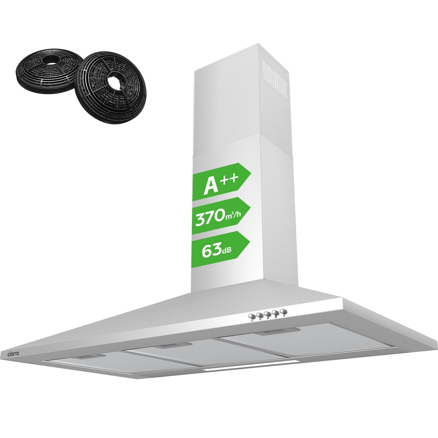 CIARRA Wandhaube 90 cm Pyramidenhaube A++ 370m³/h Umluft & Abluft 3 Stufen CBCS9201 90 cm Pyramidenhaube A++ 370m³/h Umluft & Abluft 3 Stufen CBCS9201, Dunstabzugshaube leise Wandhaube mit Kohlefilter & LED aus Edelstah
