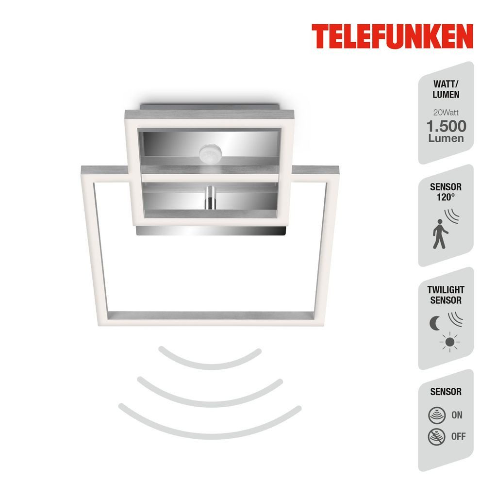 Telefunken LED Deckenleuchte 318608TF, Leuchtdauer einstellbar, LED fest integriert, 2700K - Extra-Warmweiß, Deckenleuchte Sensor drehbar 20W 1500lm 3000K 35,8x26x7,6cm
