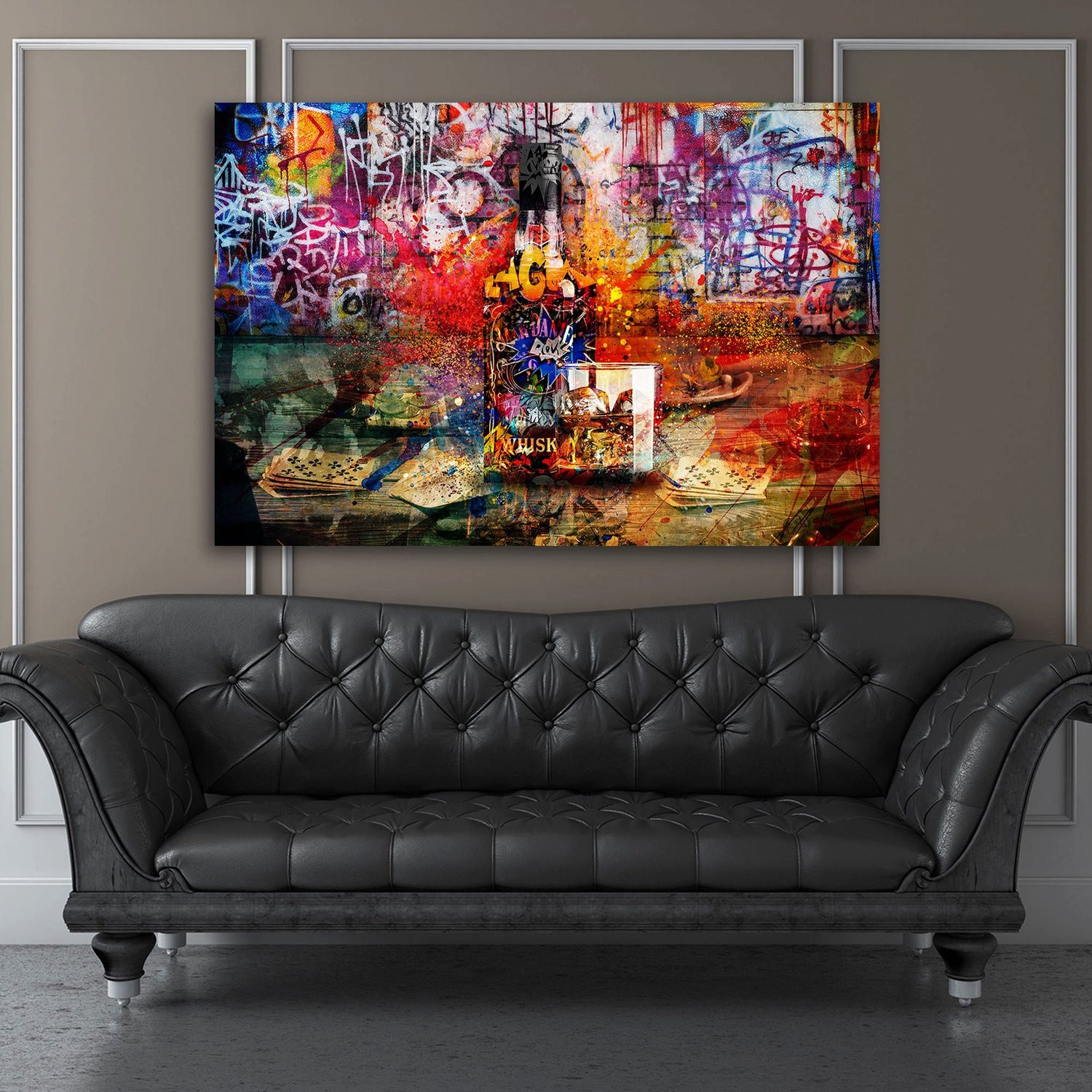 Artedinoi Leinwandbild Graffiti Pop Art Whisky und Poker Wandbild Leinwandbild Kunstdruck XL