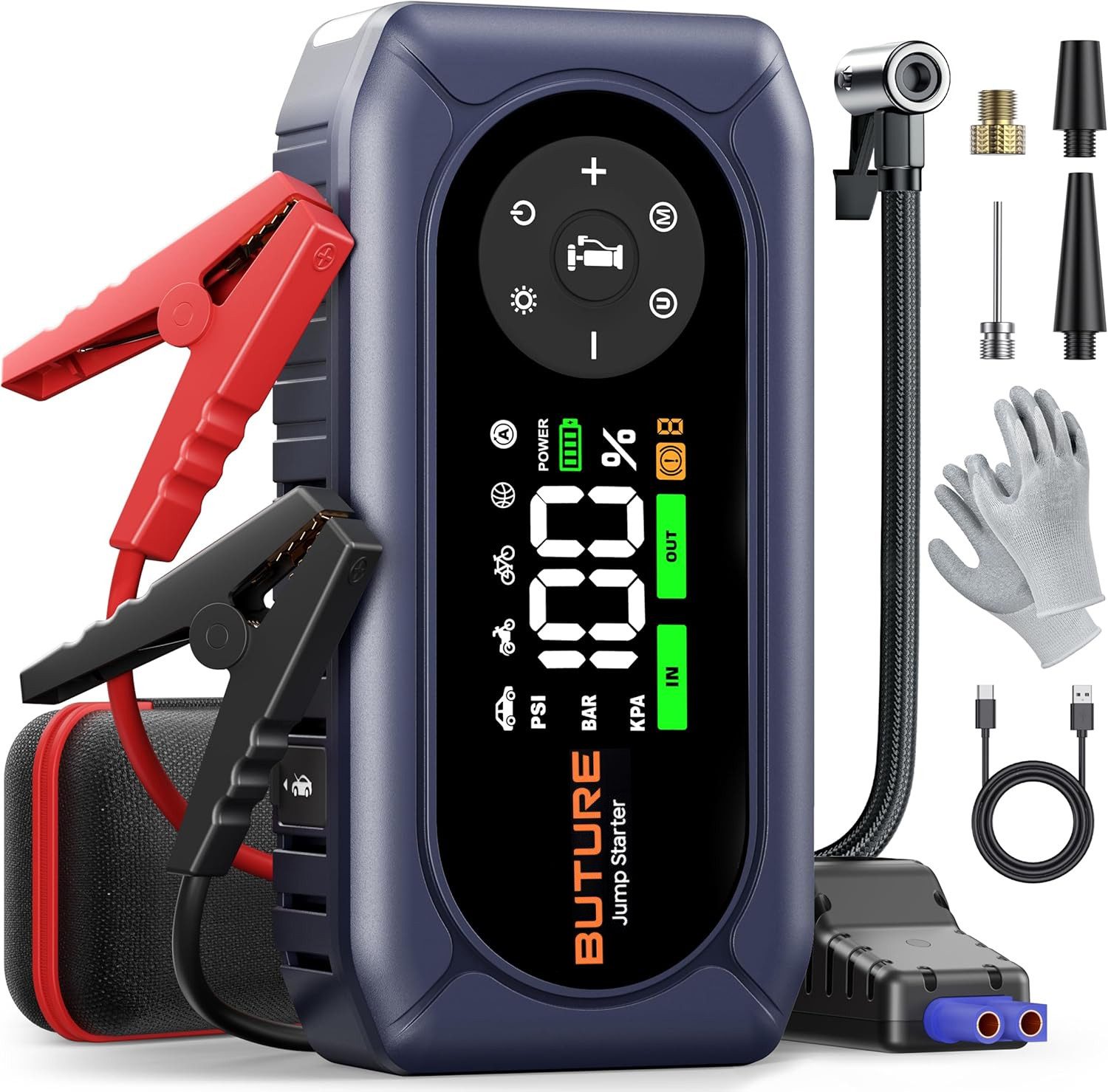 Buture 4500A Starthilfe Powerbank für Pkw mit Kompressor 150PSI, 16800mAh Starthilfegerät 16800 mAh, 4 Modi LED Licht und 3.3'' LCD Display