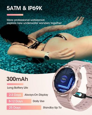 RUXINGX Smartwatch (1,3 Zoll, iOS Android), Damen Fitnessuhr mit Telefonfunktion 110+ Sportmodi 5ATM Wasserdicht