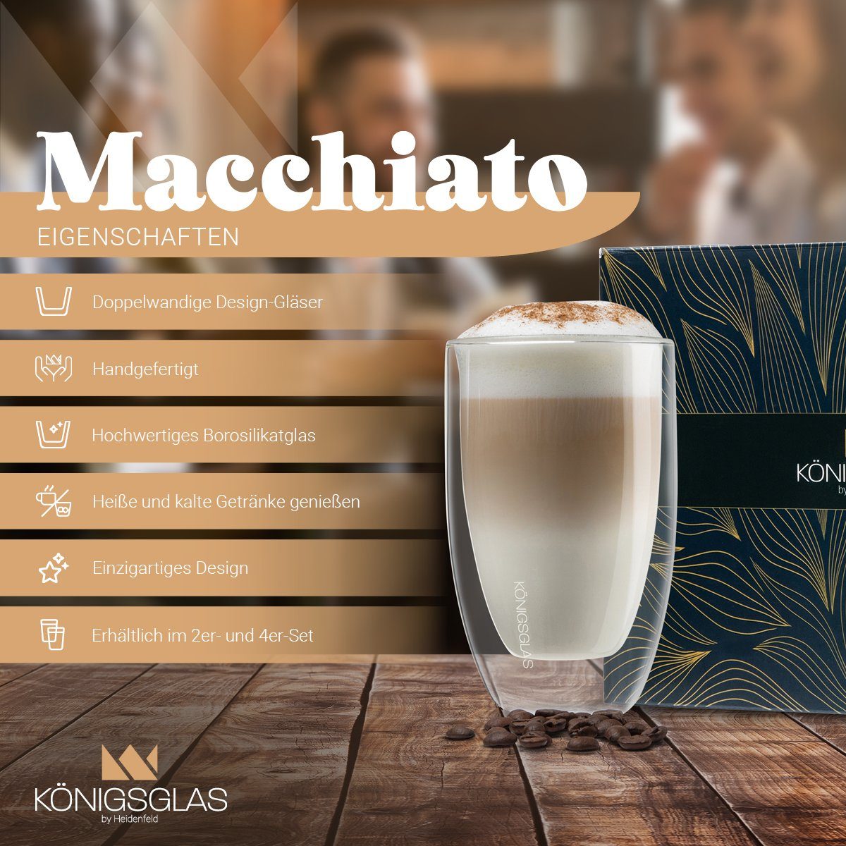 Königsglas Latte-Macchiato-Glas Latte Macchiato Glas 300 ml Cappuccino Gläser-Set doppelwandig, 2-tlg., Kaffeetasse, 2/4er Glas Set Trinkglas Thermoglas Kaffee Teeglas Kaffeegläser Tasse