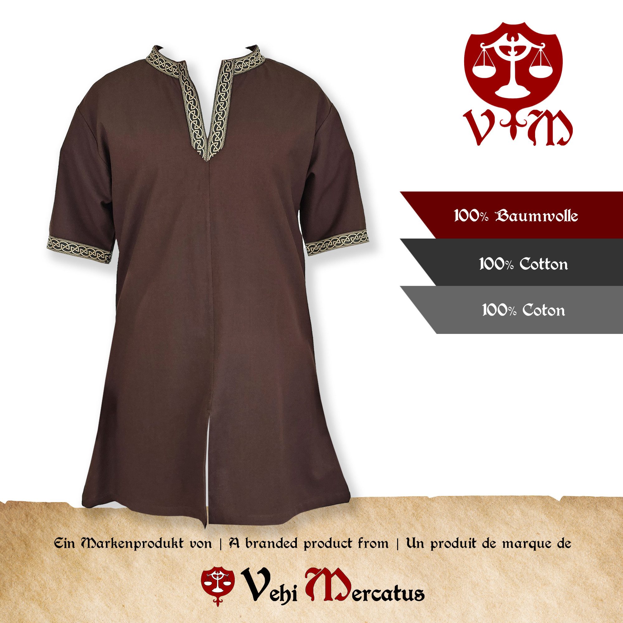 Vehi Mercatus Wikinger-Kostüm Klassische Wikinger Tunika braun "Arvid" mit Knotenmuster, kurzarm