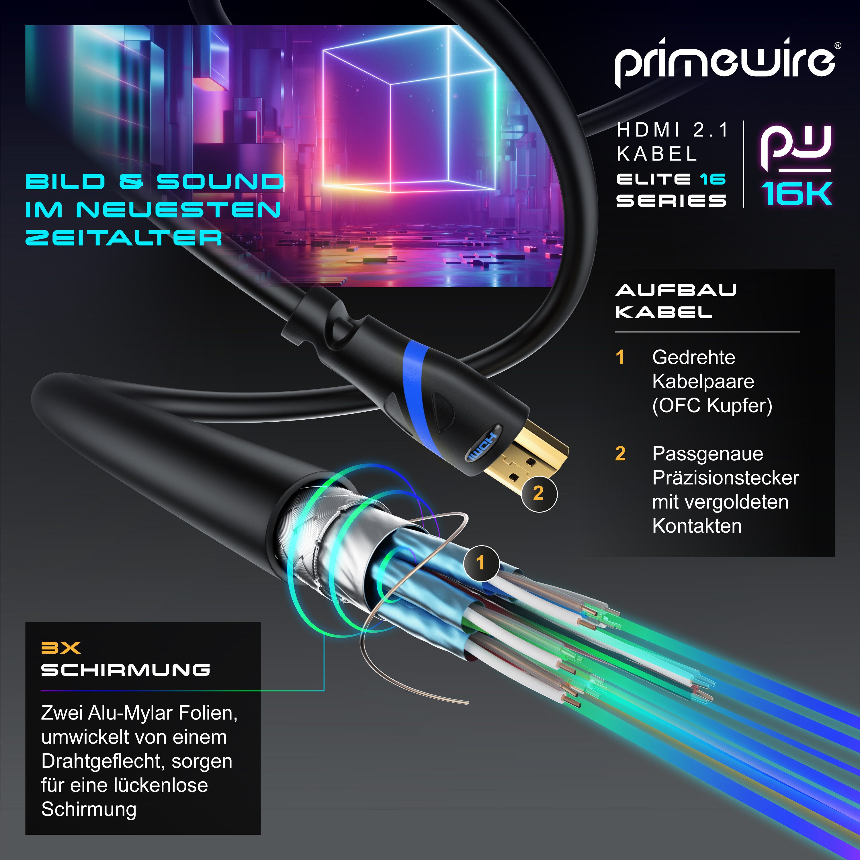 Primewire 16k HDMI Kabel 2.1, Ultra High Speed Ethernet 48Gbps, HDMI-Kabel, 2.1, HDMI Typ A (50 cm), 16k 30 Hz 8k 60Hz 4k 120 Hz, UHD HDR 10+ eARC DV 3D VRR - 0,5m