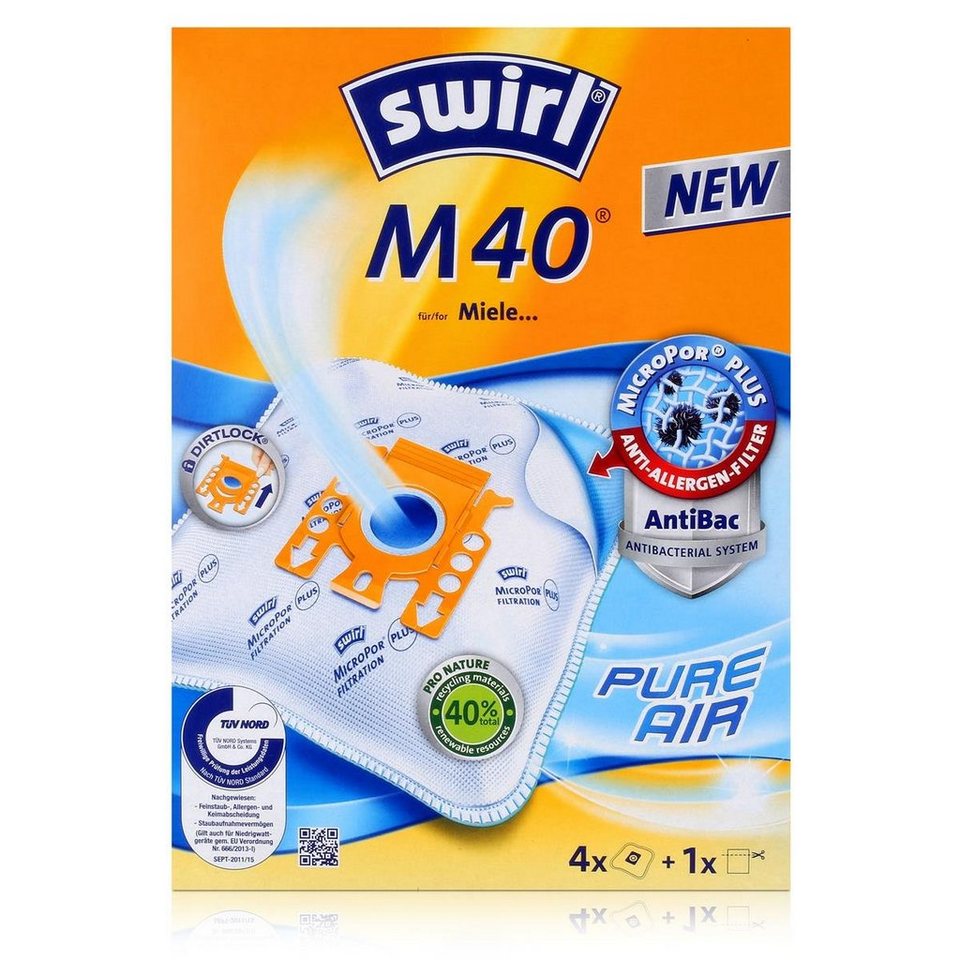 Swirl Staubsaugerbeutel Swirl® M40, passend für Miele und Hoover, 4-er  Pack, Lieferumfang : 4 x MicroPor - Beutel bestueckt + 1 Filter