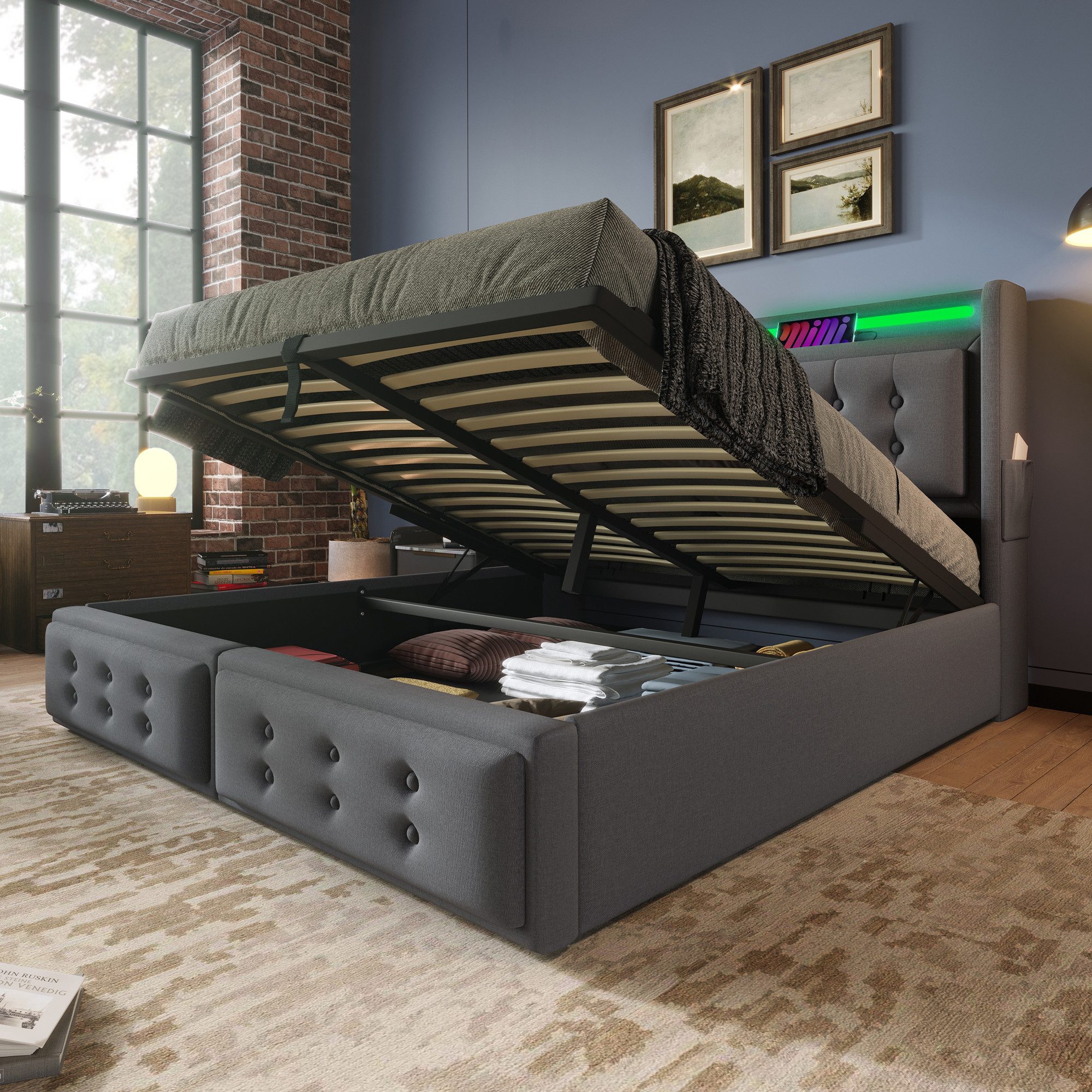 Flieks Polsterbett, LED Doppelbett 160x200cm mit Ladefunktion und hydraulis günstig online kaufen