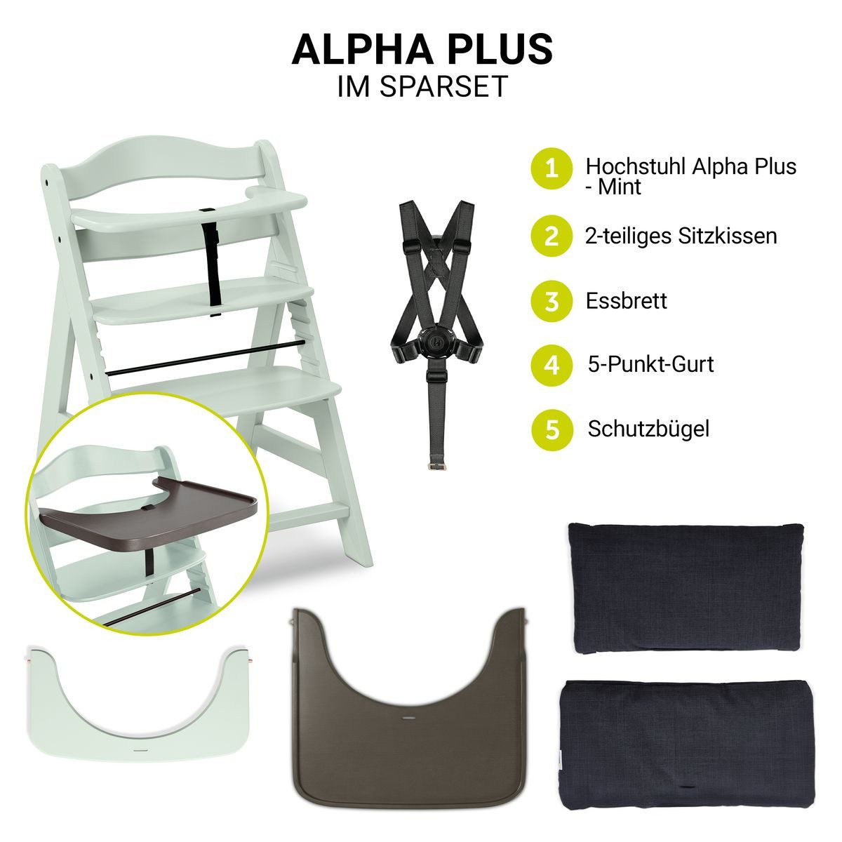 Hauck Hochstuhl Alpha Plus - Mint, Holz Kinderhochstuhl verstellbar mit Essbrett Wooden Tray & Sitzkissen