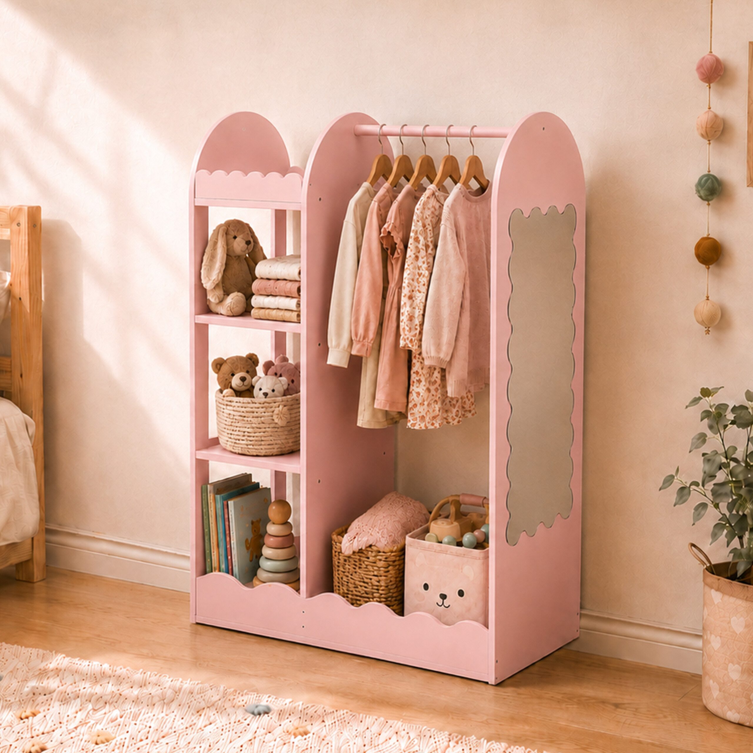 relaxdays Kleiderständer für Kinder mit Spiegel, Rosa