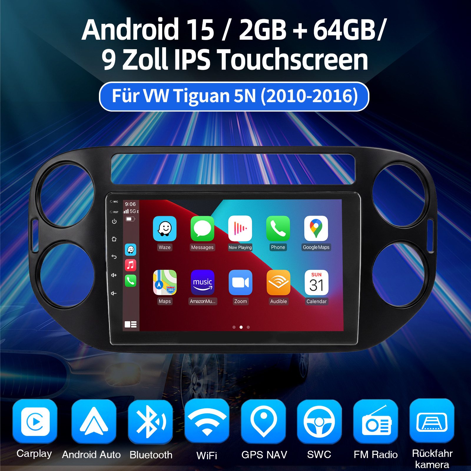 ESSGOO Für VW Tiguan 5N 2010-2016 Android 15 Carplay Android Auto Autoradio (RDS, Digitalradio (DAB), FM, AM, Carplay Android Auto GPS Navi WIFI BT SWC EQ)