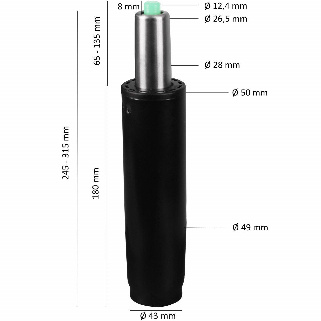 furnicato Bürostuhl Gasdruckfeder schwarz Metall bis 180 kg 245 - 315 mm,  Gasfeder Höhenverstellung 7 cm, Gas