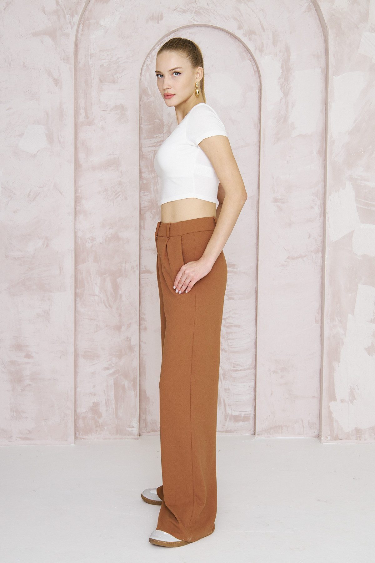 fashionshowcase Palazzohose Damen Stoffhose Marlenehose mit elastischem, hohem Bund knitterfrei, weites Bein, elastischer Bund