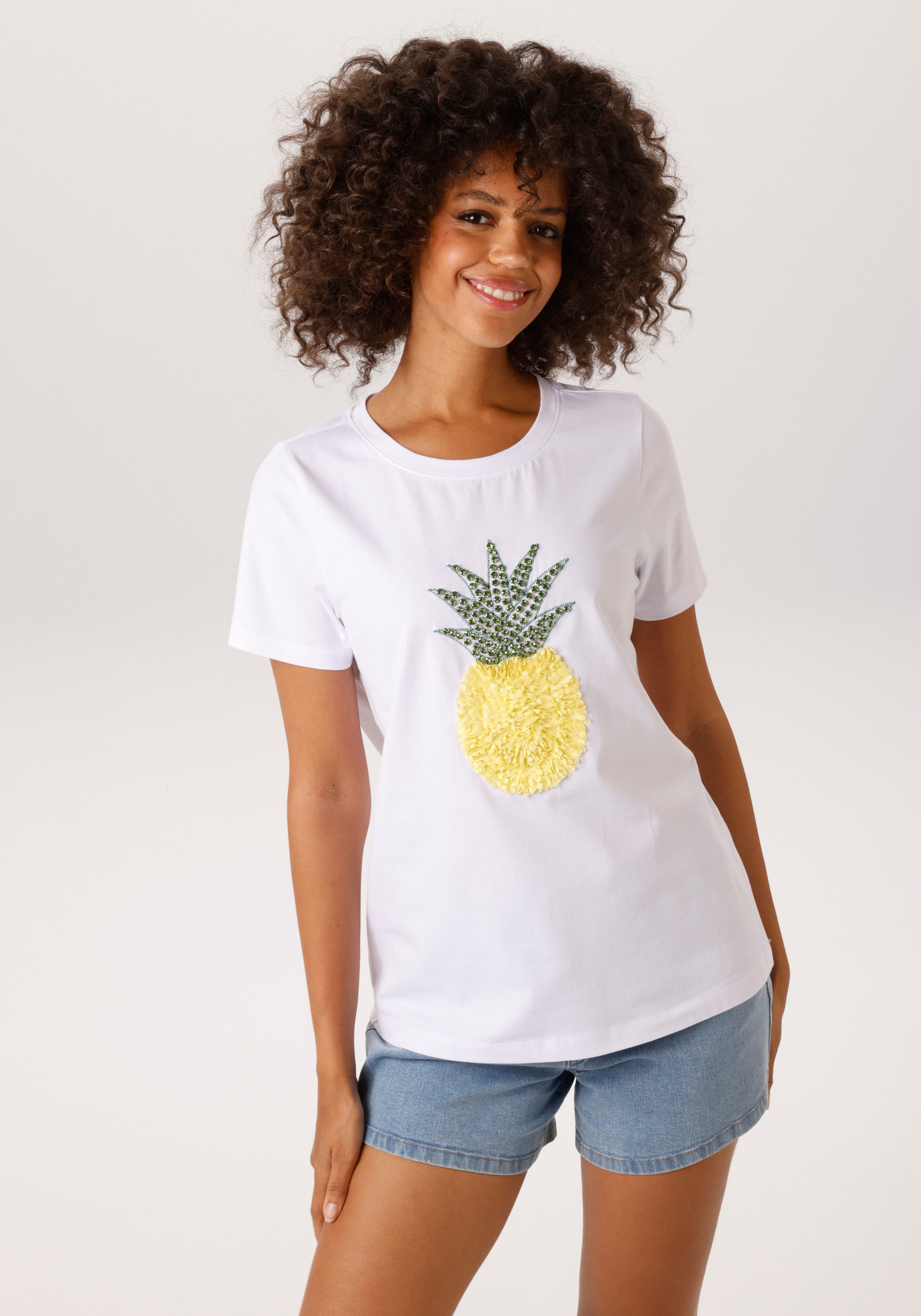 Aniston CASUAL T-Shirt mit Glitzersteinchen verzierter Ananas-Applikation - günstig online kaufen
