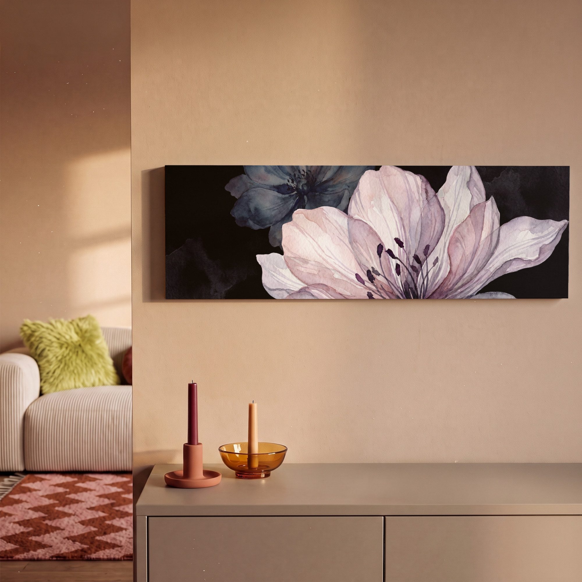 OneMillionCanvasses® Leinwandbild Panorama Blumen – Aquarell – Modern – Rosa – Dunkel, Fotodruck (1 St), Wandbild, Deko Schlafzimmer Wohnzimmer Flur 60x20 cm – Bild 2 von 5