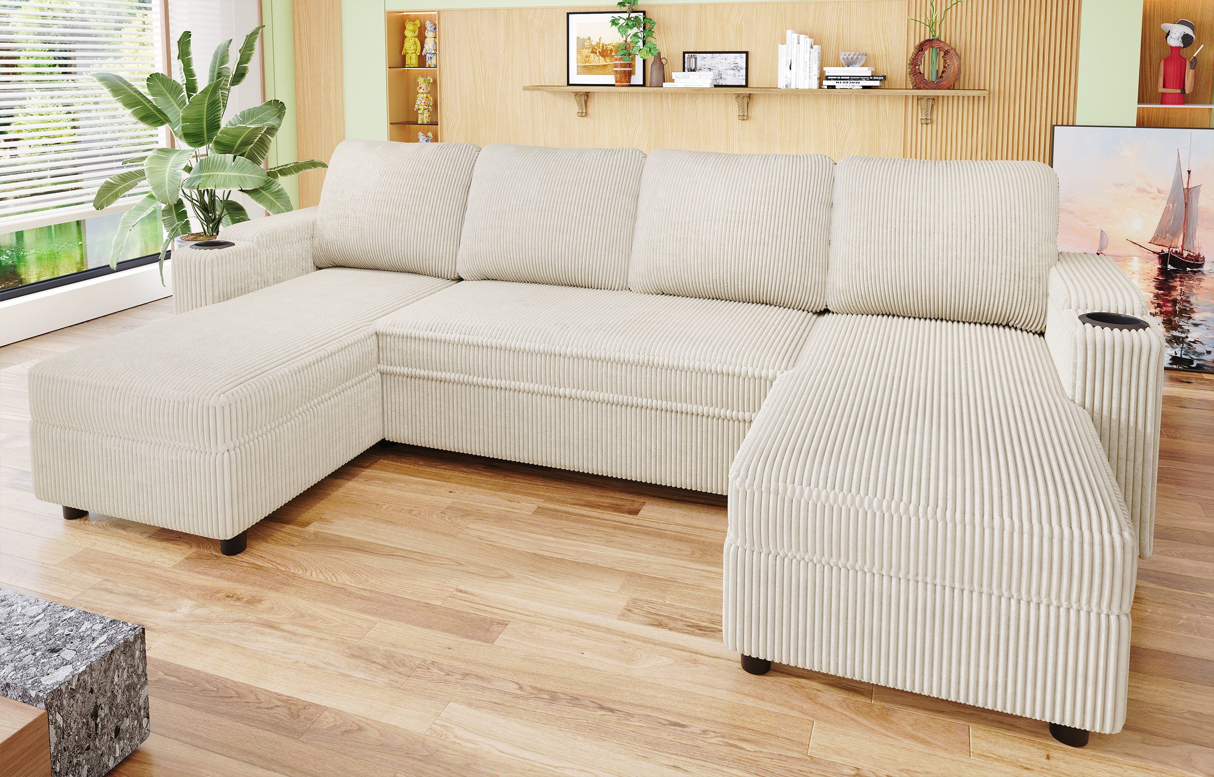 HOMALL Sofa Schlafsofa U Ecksofa, mit Schlaffunktion und Bettkasten, Becherhaltern